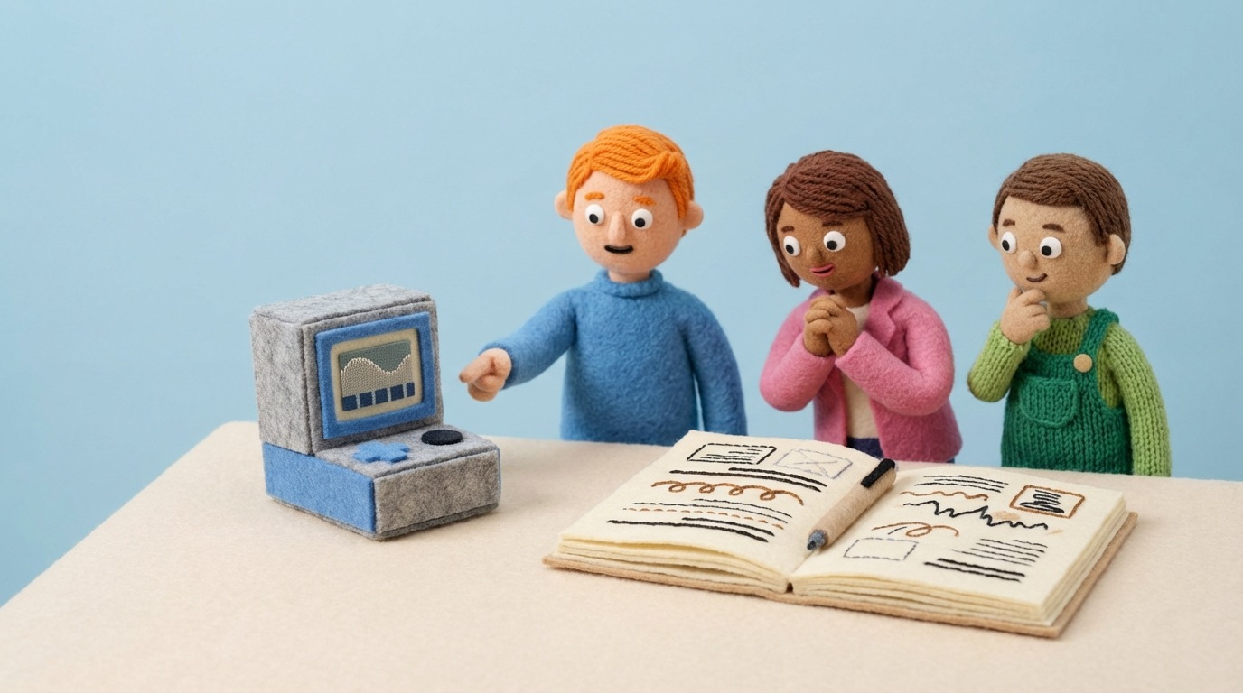 A small, functional prototype of a product, perhaps a simplified device or a basic interface on a screen, displayed on a clean table. Next to it, a notebook is open, filled with handwritten notes and sketches, and a pen rests on the page. A few diverse individuals are observing the prototype from a slight distance, engaged in discussion. The mood is focused and experimental. The color palette is clean and modern, with neutral tones accented by the colors of the prototype and notes.
