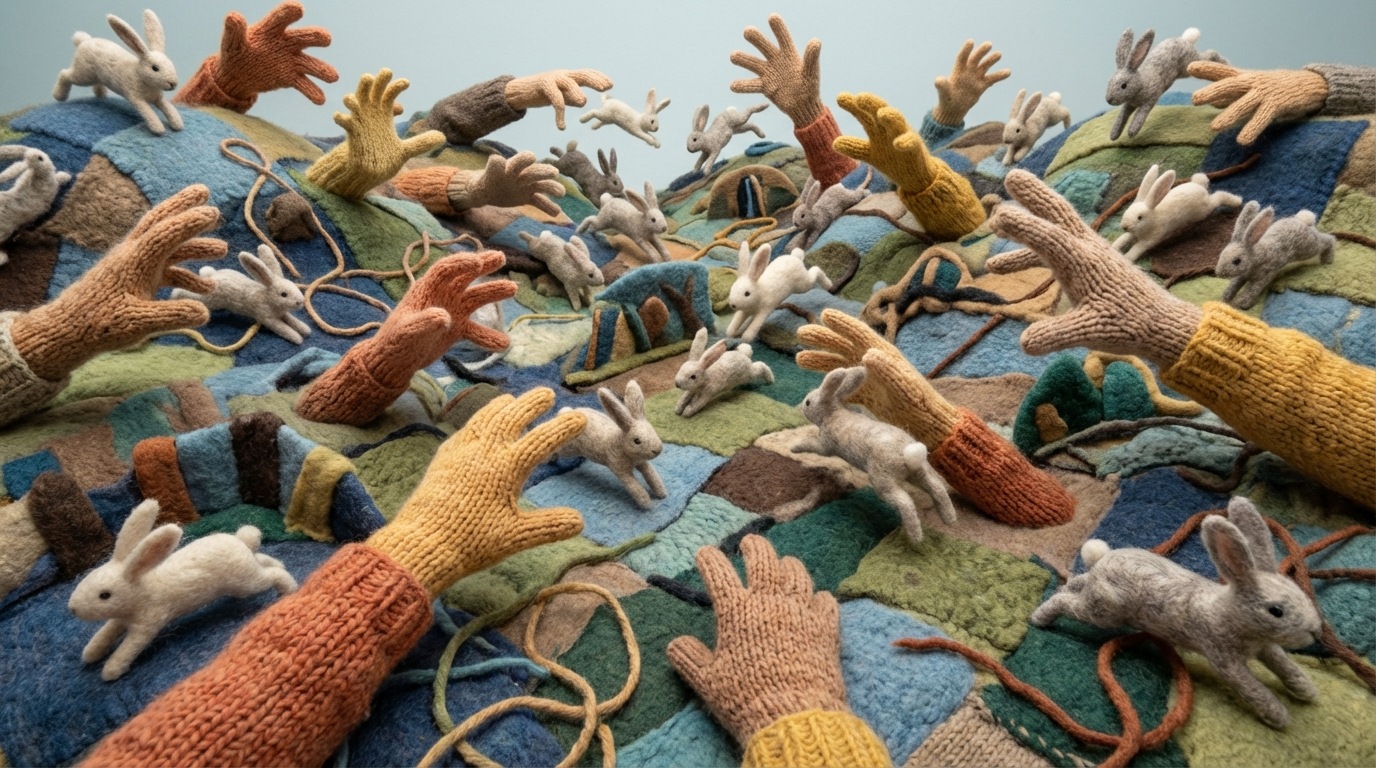 An abstract, chaotic scene depicting multiple hands reaching in different directions, trying to grasp at numerous fleeting, rabbit-like forms that are scattering across a wide, complex landscape. The hands appear overwhelmed and ineffective, symbolizing a lack of focus and wasted effort. The colors are muted and busy, conveying a sense of confusion and frustration. Wide-angle, slightly elevated perspective.