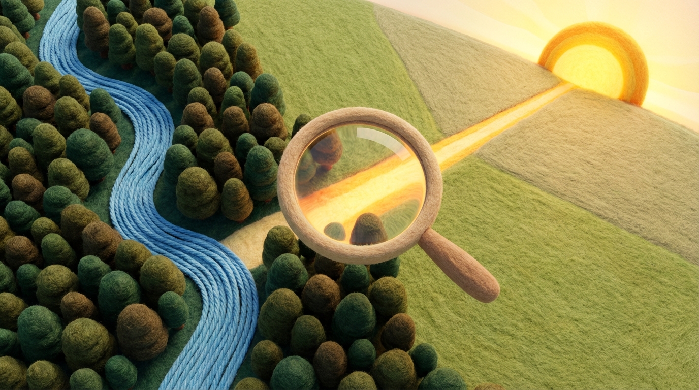 An aerial view of a diverse landscape. On one side, there are visible obstacles like a winding river (representing challenges) and a dense forest (representing weaknesses). On the other side, clear, open fields and a rising sun (representing opportunities) are visible. A small, stylized magnifying lens hovers over a specific area, highlighting a clear path forward. The scene uses a mix of earthy greens and browns for the landscape, with bright yellow and orange for the sun and the highlighted path, suggesting strategic clarity.