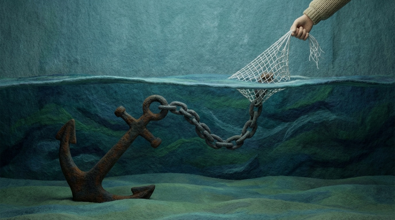 A large, old-fashioned ship's anchor firmly embedded in the seabed, with a long, thick chain extending upwards, disappearing into murky, dark waters. Above the water, a hand is attempting to pull a small, delicate fishing net from the surface, but the net is clearly being held back and dragged down by the unseen, heavy anchor below. The mood is one of being held back or constrained by an invisible, immovable force. Muted blues and greens for the water, with dark, heavy tones for the anchor and chain, emphasizing its weight and influence.
