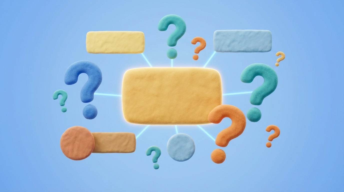 A collection of various sized question mark symbols and text boxes, some with short, generic questions, floating around a larger, central text box that contains a concise, clear answer. The central answer box is subtly connected to several of the question boxes with faint lines, indicating resolution. The background is a soft, gradient blue, suggesting clarity and helpfulness. The overall composition is dynamic yet focused.
