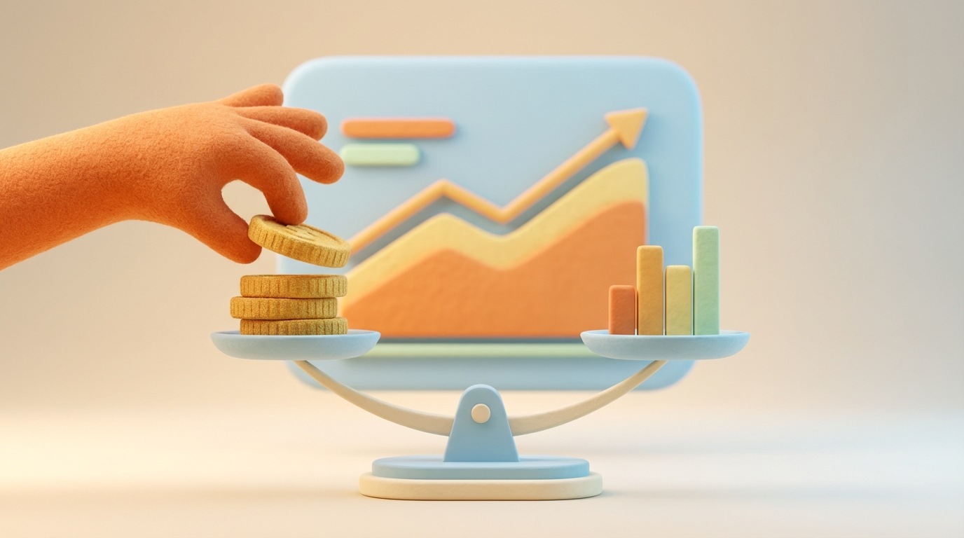 A stylized hand carefully balancing a stack of coins on a delicate scale, with a larger, abstract business chart rising in the background. The coins are depicted in warm, golden tones, and the scale is sleek and modern. The background chart shows an upward trend. The overall mood is one of careful financial management and strategic investment leading to growth, emphasizing precision and control.