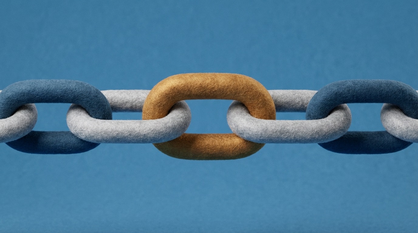 A series of interconnected, stylized links forming a strong, unbroken chain. Each link is distinct but firmly connected to the next, illustrating a clear line of responsibility and mutual support. The chain extends from a central, slightly larger link. The background is simple and clean, emphasizing the structure. Metallic, strong colors.