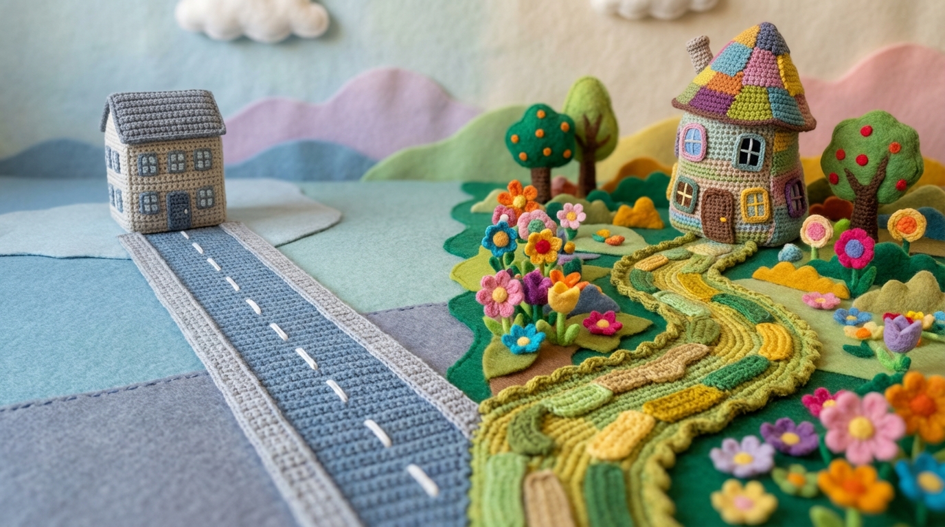 A visual metaphor showing two distinct paths. The left path is a straight, well-worn, and clearly marked road leading to a predictable, identical building. The right path is a winding, less defined trail through a vibrant, diverse landscape, leading to a unique, irregularly shaped structure. The routine path uses cool, muted blues and grays, while the creative path features warm, bright greens and yellows. The overall feeling is one of contrast between predictability and exploration.