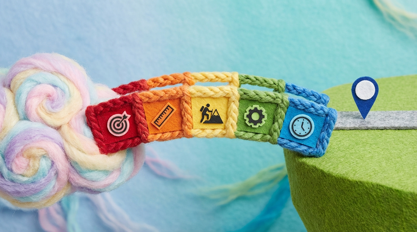 A sturdy, well-defined bridge stretching across a gap between a misty, abstract dream cloud and a solid, concrete landmass with a clear destination marker. The bridge is composed of five distinct, labeled segments, each with a simple icon representing 'Specific', 'Measurable', 'Achievable', 'Relevant', 'Time-bound'. The dream cloud is soft and pastel, while the landmass is sharp and vibrant. Side view, emphasizing transformation from abstract to concrete.