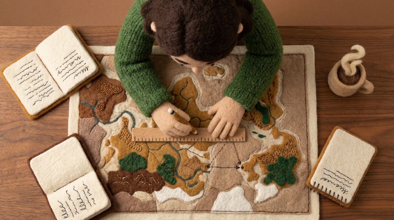 A person intently observing a detailed map spread out on a table, using a simple ruler and a pencil to mark specific points and draw connections. Around the map, there are open notebooks filled with scribbled notes and a steaming cup of coffee. The scene emphasizes careful, low-cost analysis and hands-on research. The color palette is warm and earthy, with browns, creams, and deep greens. Overhead view.