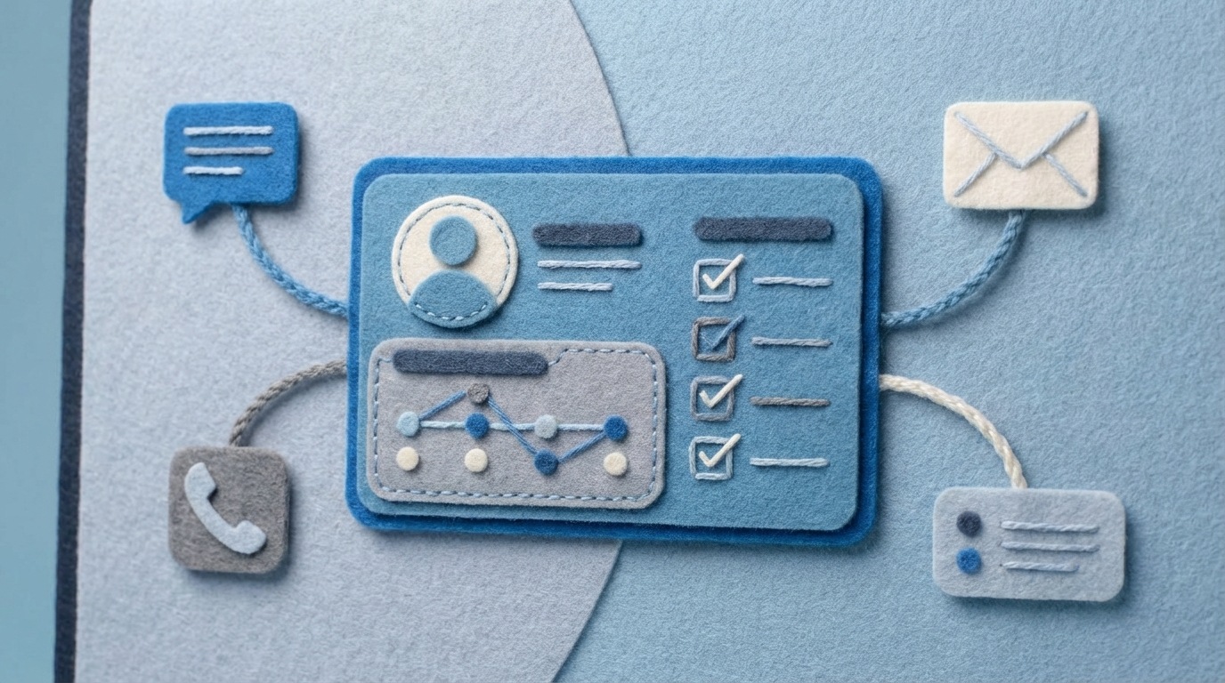 A clean, organized digital dashboard on a screen, focusing on a single "deal card" in the center. The card clearly displays client information, recent interactions, and a list of upcoming tasks. Around the central card, simplified icons represent integrated communication channels like a message bubble, a phone icon, and an email symbol, all appearing seamlessly connected. The color scheme is professional and calm, with soft blues and grays. Close-up view of the screen.