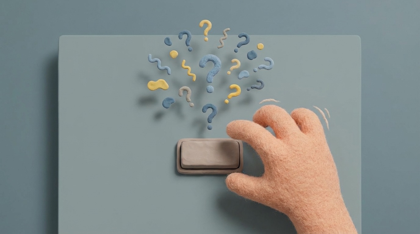 A stylized, slightly shaky hand hovering over a generic, unlabeled button on a screen. Above the button, a swirling cloud of question marks and indistinct symbols creates a sense of confusion and anxiety. The background is a muted, cool grey, enhancing the feeling of uncertainty. The hand is hesitant, reflecting the user's reluctance to click due to lack of clear information about what will happen next or what the offer entails. The scene is viewed from a slightly elevated angle, focusing on the interaction between the hand and the ambiguous button.