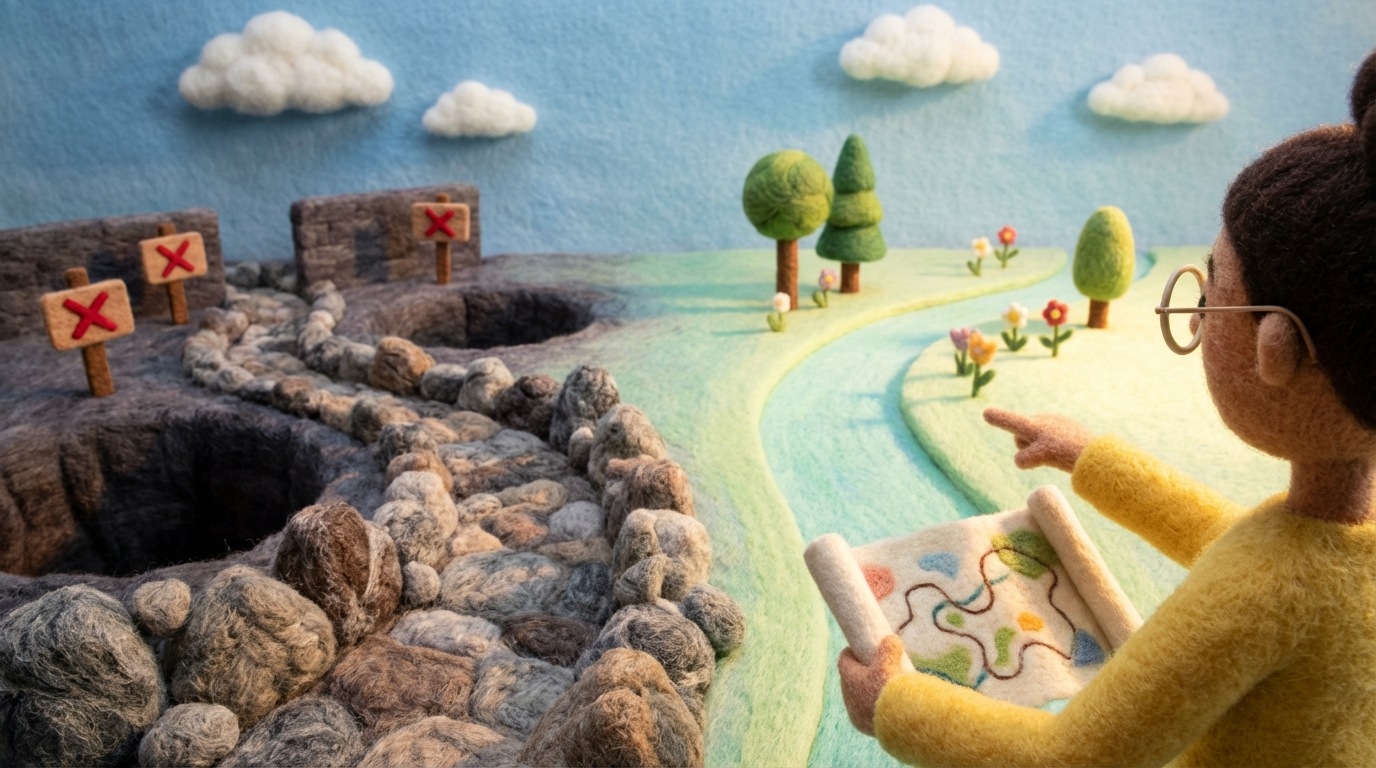 A winding, rocky path leading towards a series of pitfalls and dead ends, clearly marked with warning signs. In the foreground, a person is looking at a detailed map, carefully choosing a different, smooth, and clear path that avoids the obstacles. The lighting is bright and clear on the chosen path, contrasting with the shadowy, dangerous path. The mood is cautionary but hopeful. Earthy browns and grays for the rocky path, with vibrant greens and blues for the safe alternative.