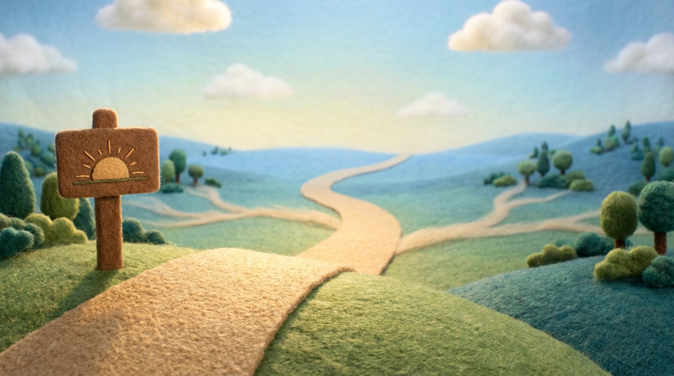 A single, clear path starting from a gentle incline, stretching forward into the distance. The path is well-lit and unobstructed, suggesting a manageable and focused beginning. To the sides, faint, less defined paths branch off but are not the focus. A small, sturdy signpost at the start indicates 