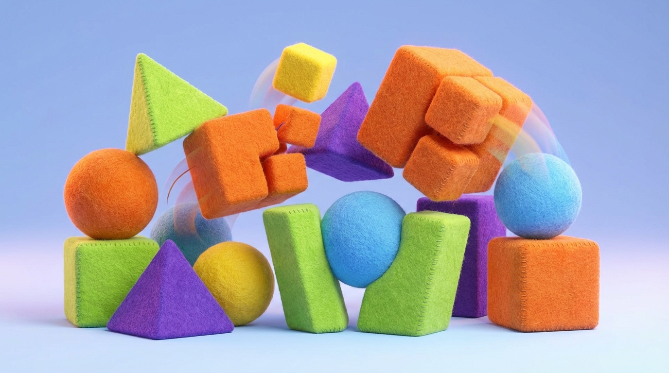 A collection of various interlocking geometric shapes, some reconfiguring and adapting their positions to fit together in new ways. The shapes are fluid and dynamic, constantly shifting to create different, yet stable, structures. This illustrates adaptability and the creation of tailored solutions. Bright, adaptable color scheme with a sense of movement and innovation.