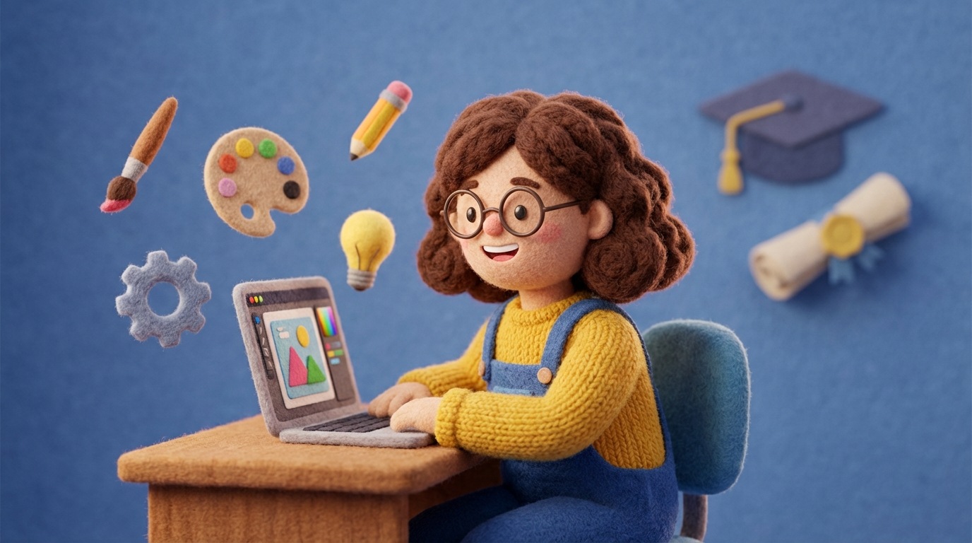 A stylized illustration of a student successfully completing a design project on a computer. Around the student are icons representing different design elements and tools. In the background, a subtle graduation cap or certificate is visible, symbolizing achievement and learning. The overall mood is inspiring and educational.