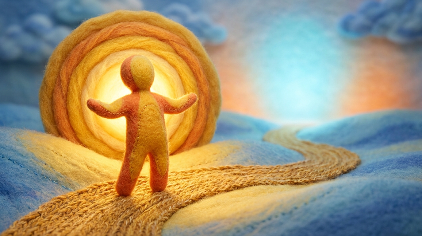 A stylized, abstract figure stands at the center of a vibrant, radiating light, which illuminates a winding path ahead. The figure's posture is confident and open, suggesting guidance and inspiration. The path, though winding, is clearly visible, leading towards a bright, distant horizon. The color palette is warm and encouraging, with oranges, yellows, and soft blues, conveying a sense of purpose and leadership.