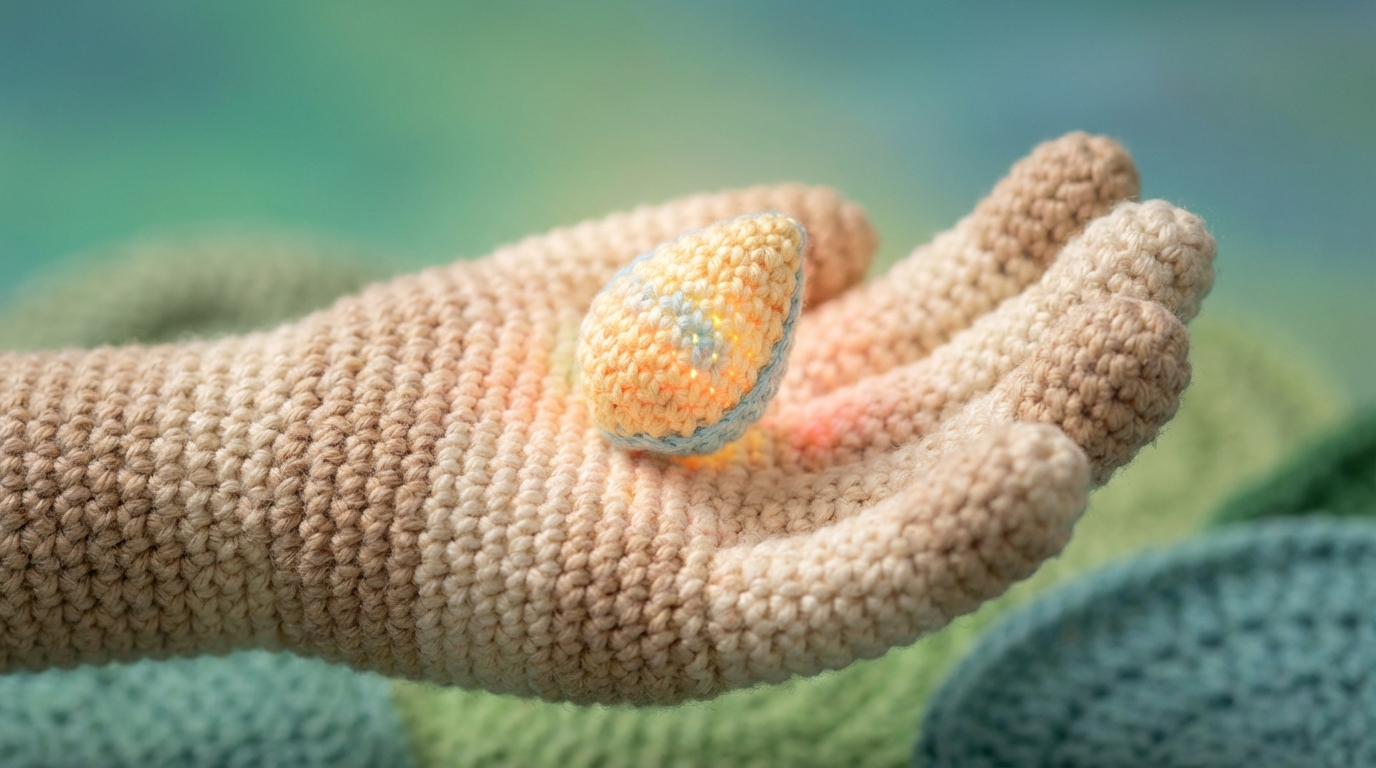 A stylized, open hand cradling a small, glowing, delicate seed. The seed is emitting soft, colorful light, symbolizing a nascent idea. The hand is gently open, not grasping, suggesting safety and protection. The background is a soft, welcoming gradient of greens and blues, enhancing the sense of growth and security. The overall mood is nurturing and hopeful, emphasizing a safe space for new ideas to flourish without fear.