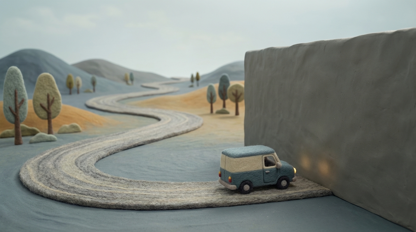 A winding road that abruptly ends at a solid, featureless wall. A small, stylized vehicle (representing a business) is stopped just before the wall, unable to proceed. The road behind it is clear and open, emphasizing the sudden halt in progress and the lack of forward momentum. A slightly melancholic, static atmosphere with muted colors, reflecting stagnation.