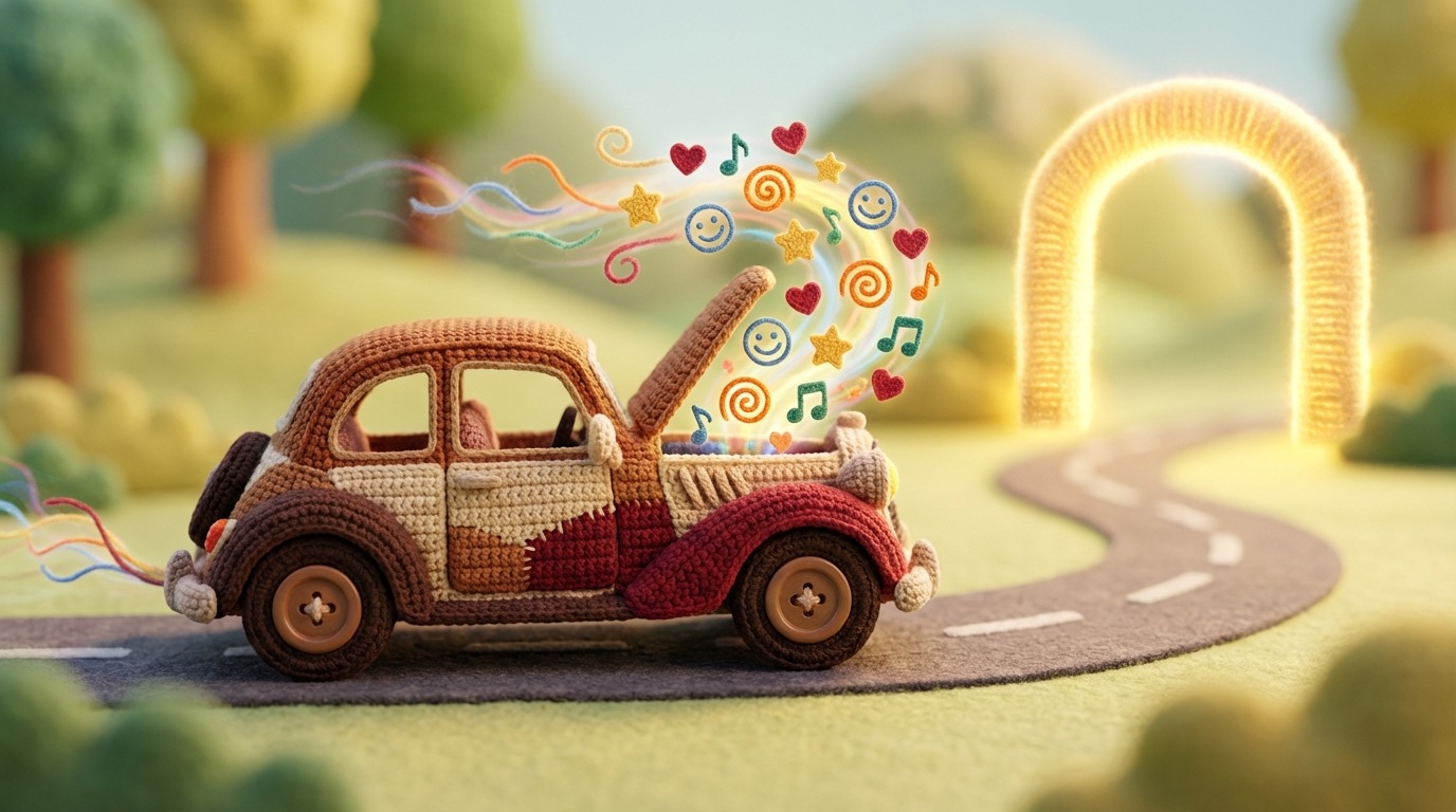 A stylized, antique-looking car with a whimsical, emotional design. Instead of a traditional engine, its hood is open, revealing a vibrant, swirling vortex of colors and abstract symbols (like hearts, stars, smiles), representing emotions, powering the vehicle forward. The car is on a road, moving towards a bright, inviting destination. The background is blurred, emphasizing the car and its emotional "fuel." Dynamic, energetic composition with a warm, inviting color palette. Side view.