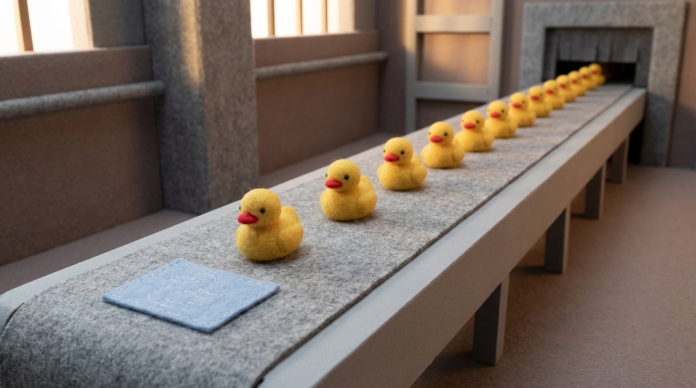 A long, clean conveyor belt extending into the distance within a well-organized, minimalist industrial setting. Identical, perfectly formed items move along the belt in a continuous, smooth flow. At the very beginning of the belt, a clear blueprint or schematic for the item is subtly visible, symbolizing standardization and repeatable quality. The environment is orderly and well-lit, conveying precision and control. The perspective is slightly elevated, looking down the length of the belt. A muted, industrial color palette with touches of bright, consistent product colors.