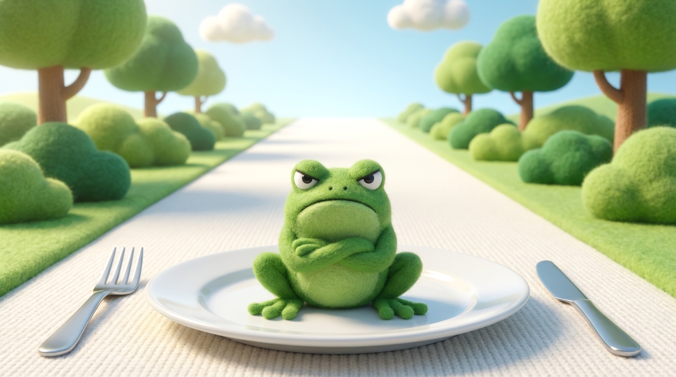 A stylized, slightly grumpy-looking green frog sitting on a clean, white plate in the foreground, with a fork and knife positioned beside it, ready for use. Behind the plate, a bright, clear pathway stretches into the distance, representing a productive and unburdened day. The act of 