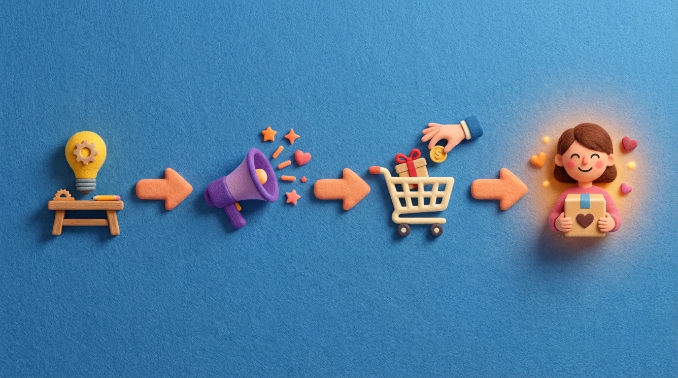 A visual representation of a product lifecycle, starting from development, moving through marketing and sales, and ending with customer satisfaction. Each stage is depicted with a simple icon and an arrow pointing to the next. The overall flow is smooth and positive.