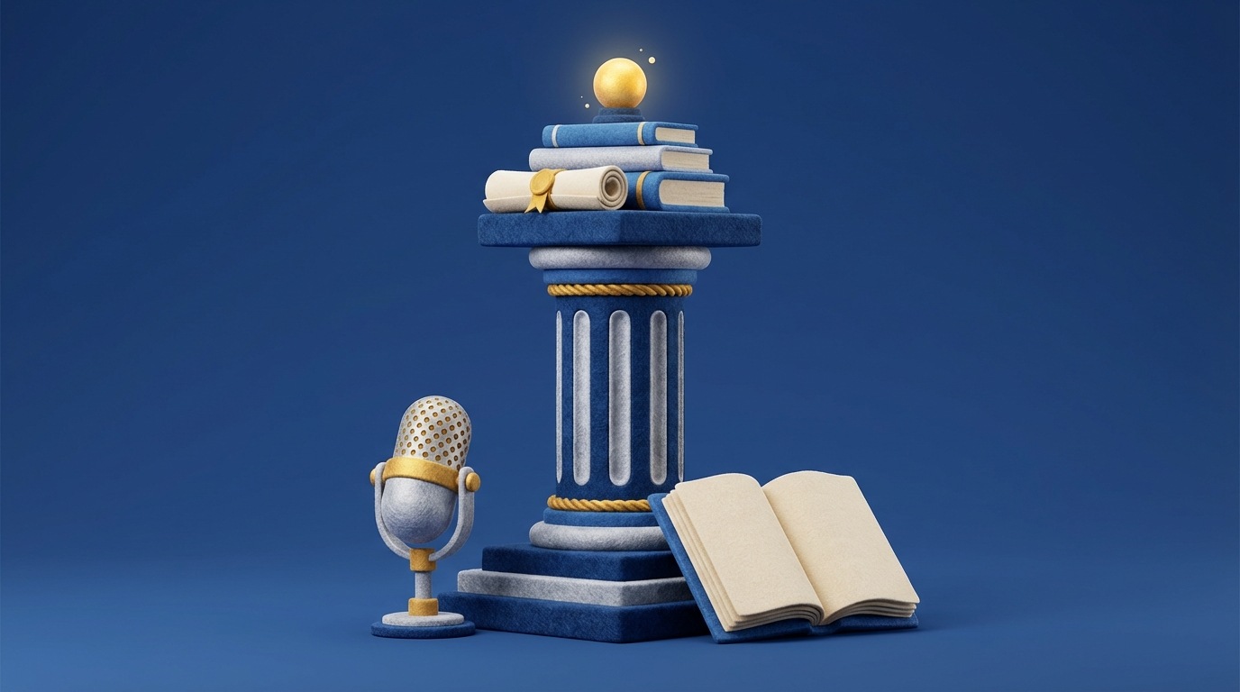 A tall, sturdy column or pedestal, elegantly designed, with various books, a diploma scroll, and a small, glowing symbol of knowledge stacked neatly on top. The base of the column is firmly planted, representing years of practice and education. A stylized microphone or open book is positioned slightly off-center, implying a voice of authority and willingness to share knowledge. The color palette is sophisticated, with deep blues, silvers, and hints of gold, conveying gravitas and professionalism. The composition emphasizes the solid foundation of expertise.