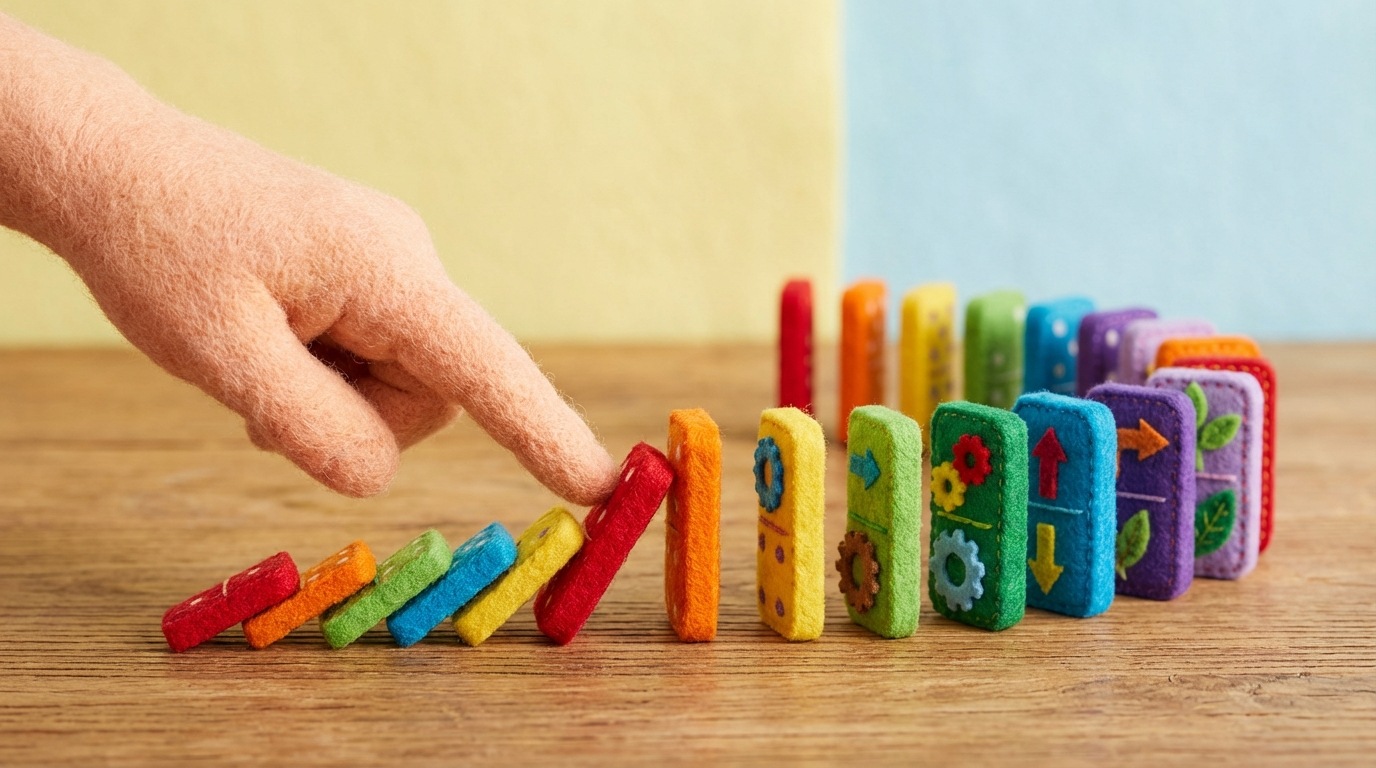 A series of small, colorful, upright dominoes arranged in a gentle curve, each representing a small, incremental improvement. A hand is gently pushing the first domino, initiating a chain reaction where each small change leads to another, eventually creating a significant and visible impact down the line. The background is clean and simple, highlighting the action. The mood is one of incremental progress and the power of small steps. A bright, diverse color palette for the dominoes, with a focus on primary and secondary colors.