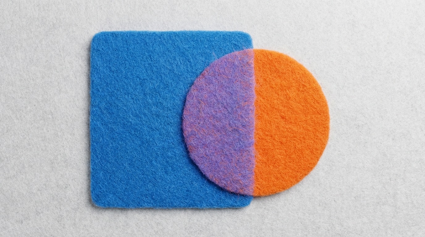 Two different, abstract shapes (e.g., a circle and a square) that are subtly overlapping and blending at their point of intersection, creating a new, harmonious color or texture in the shared area. This represents finding common ground and shared values. The background is clean and minimalist, drawing attention to the interaction of the shapes. The color palette uses complementary colors that blend well, creating a sense of unity and balance.