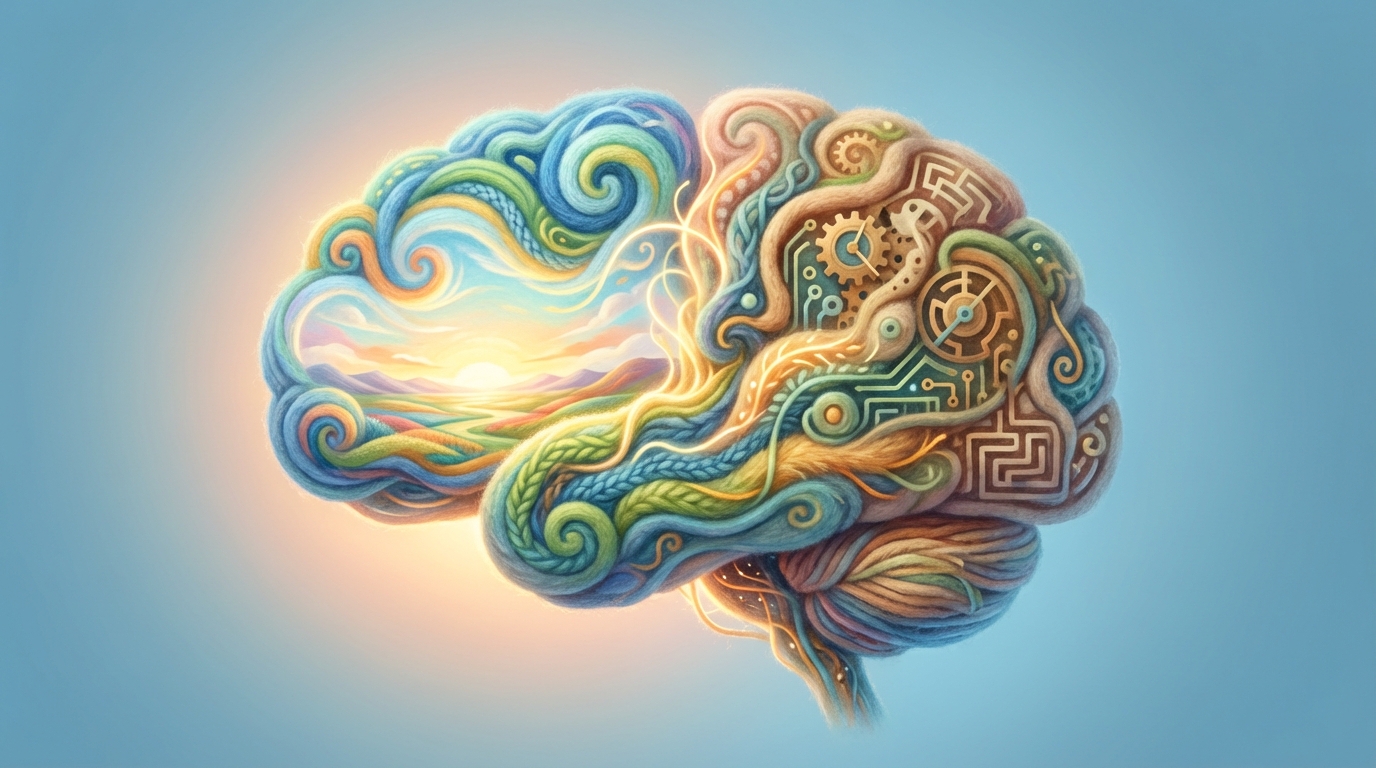 A stylized brain composed of swirling, interconnected lines and abstract shapes. One side of the brain is illuminated with bright, expansive colors, showing a landscape with a distant horizon, while the other side is slightly muted, showing intricate but confined patterns. The overall image suggests a shift from detailed, internal processing to broad, forward-looking vision. Soft, glowing light on the strategic side.