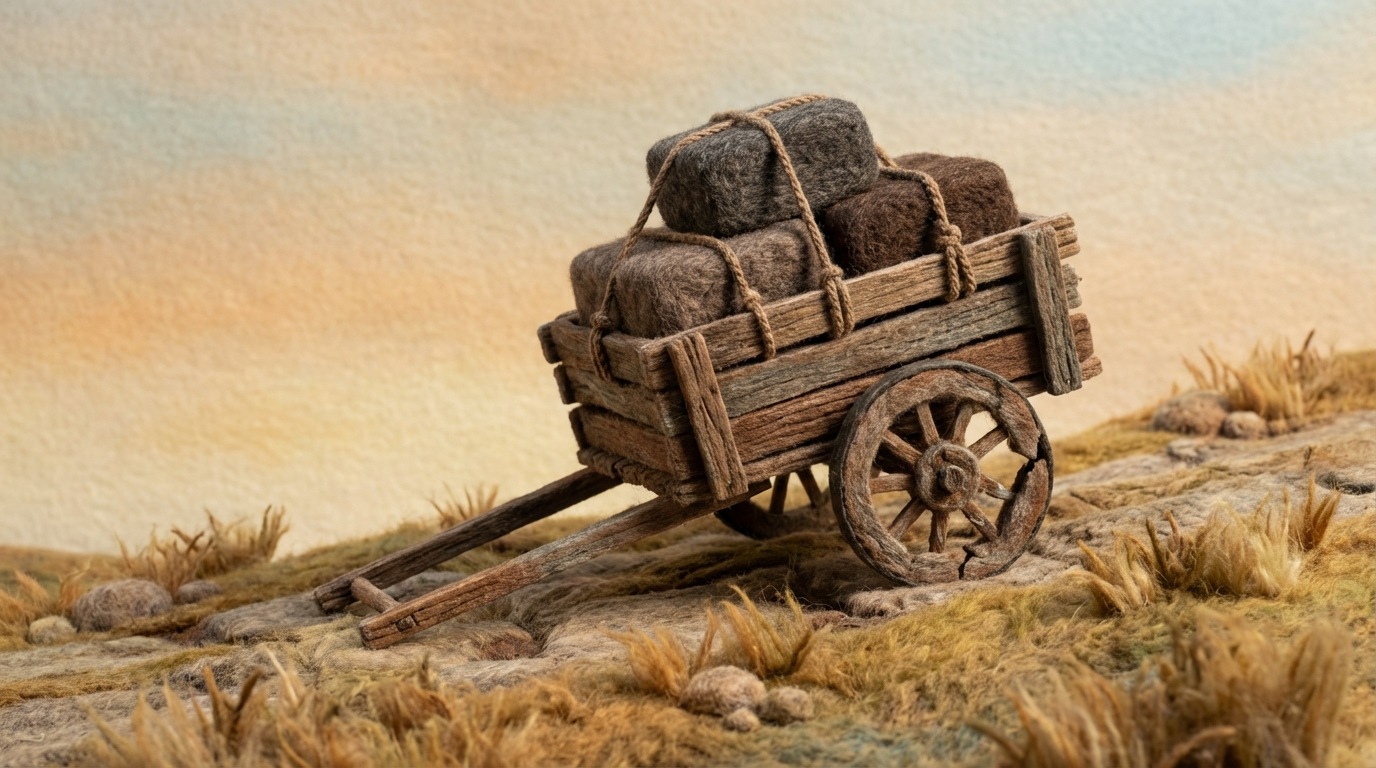A small, rickety wooden cart with one of its wheels visibly cracked and wobbly, struggling to move up a slight incline. The cart is loaded with a few simple, heavy-looking blocks, indicating a burden. The path ahead is slightly uneven. The overall mood is one of struggle and inefficiency caused by a fundamental flaw.