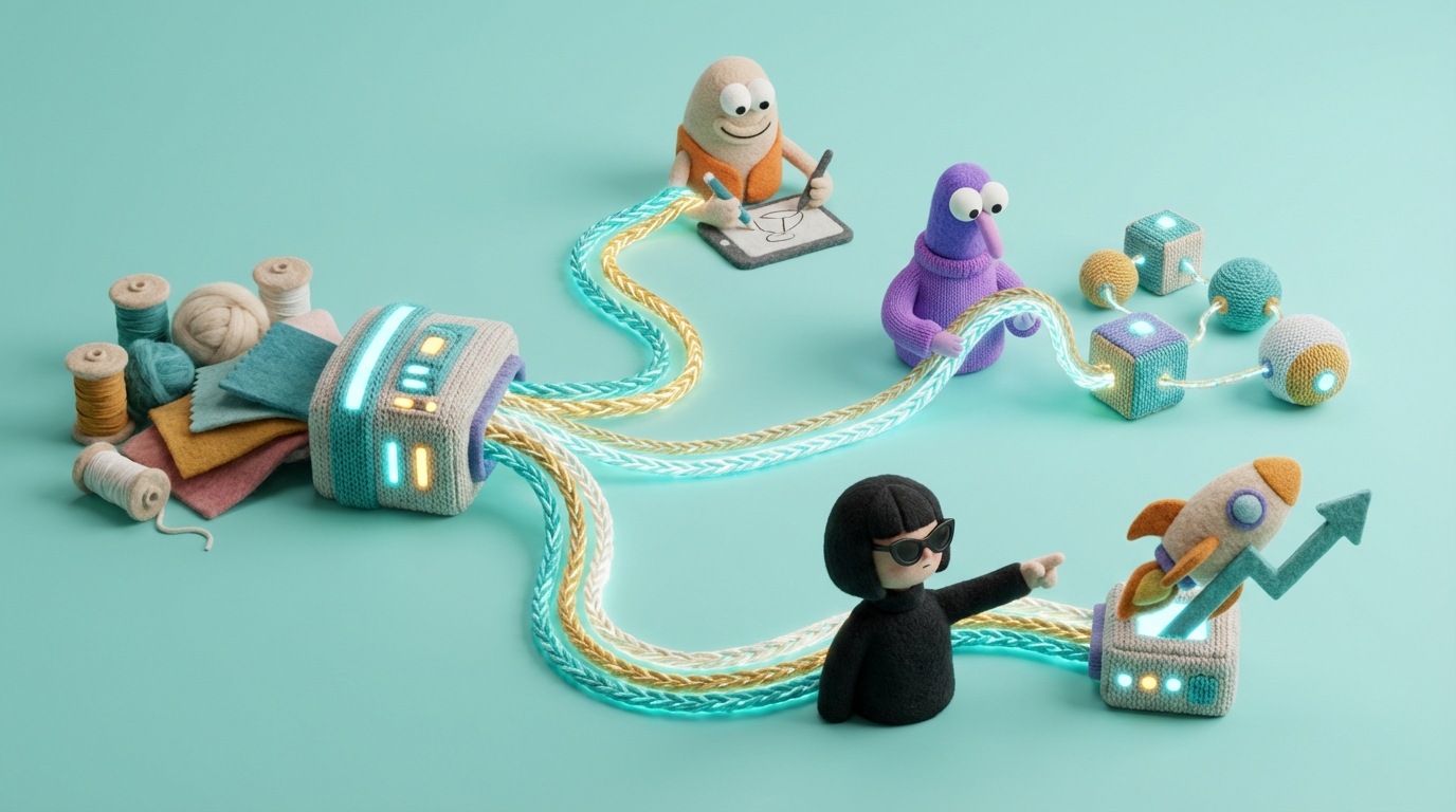 A stylized representation of a business workflow transformed by AI. Smooth, glowing streams of data flow between human figures and abstract AI nodes. Some human figures are engaged in creative tasks, while others are overseeing the AI processes. The overall mood is collaborative and efficient, with a palette of bright, optimistic colors like teal, gold, and white. The composition shows a clear flow from input to output, with AI seamlessly integrated.