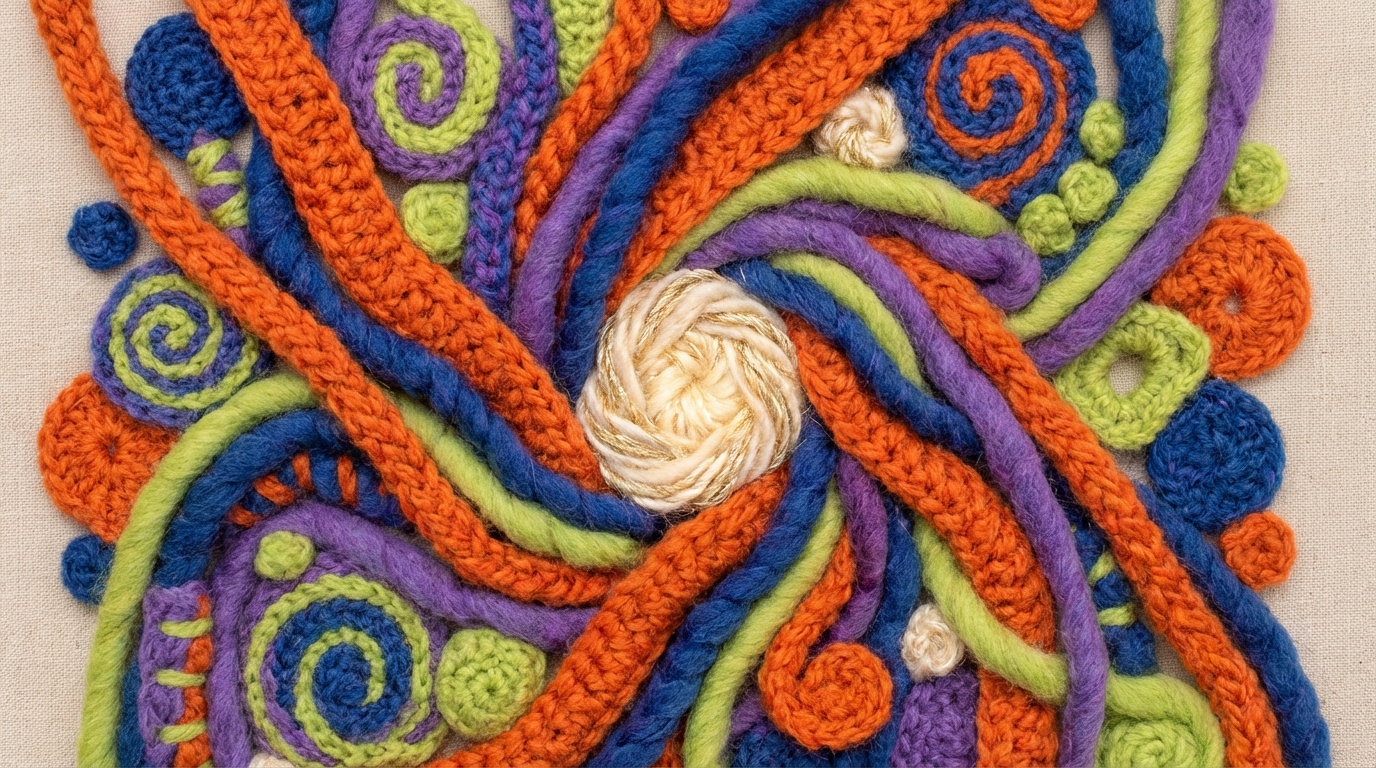 A vibrant, dynamic, and abstract scene depicting many diverse, colorful shapes and flowing lines swirling and converging towards a central, slightly glowing point. The shapes are varied in color, size, and form (e.g., smooth curves, sharp angles, scattered dots), representing different ideas, thoughts, and perspectives actively coming together and interacting. The overall composition is energetic and creative, suggesting a collaborative generation of ideas and a burst of innovation. Bright, contrasting colors (e.g., oranges, blues, purples, greens) against a light, neutral background.