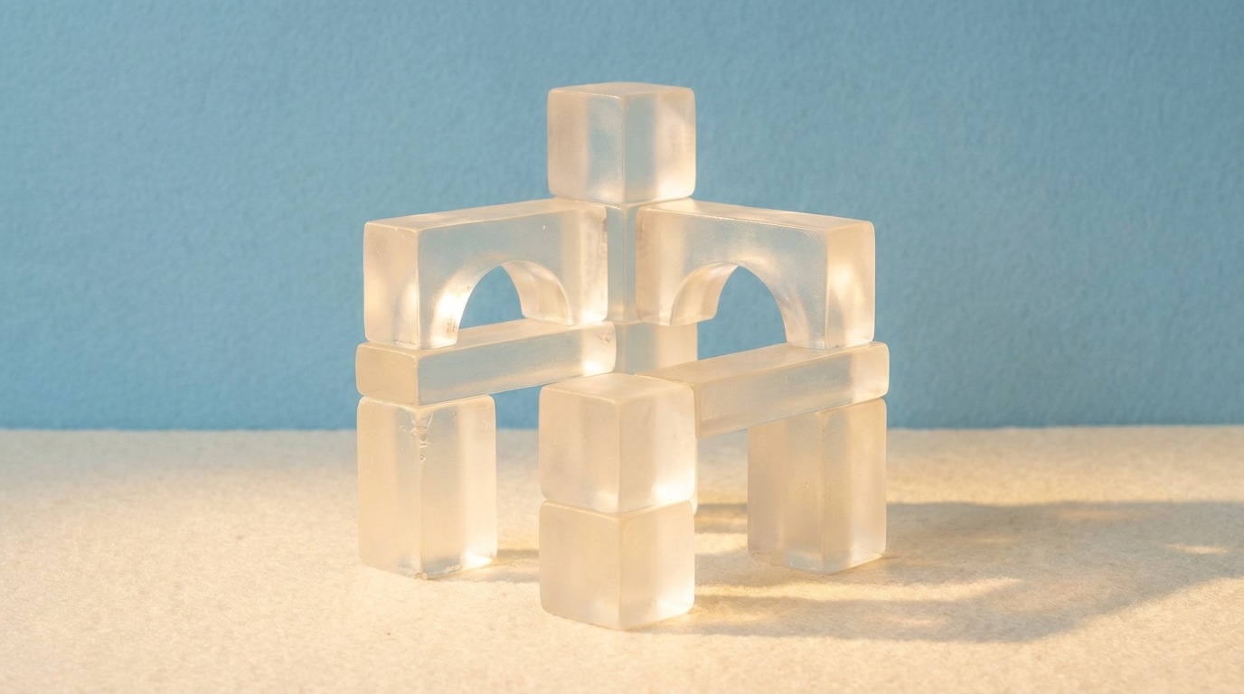 A stylized representation of a strong, transparent foundation, perhaps an abstract geometric structure made of clear or frosted material. This symbolizes stability, honesty, and reliability in building relationships. The lighting should emphasize the clarity and integrity of the structure.