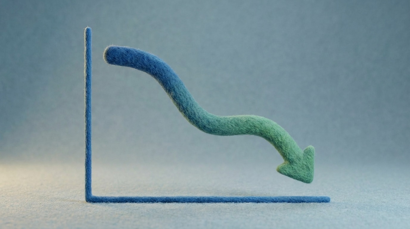 A graph showing a steep downward trend, indicating a significant reduction. The graph is simple and clear, with the Y-axis labeled