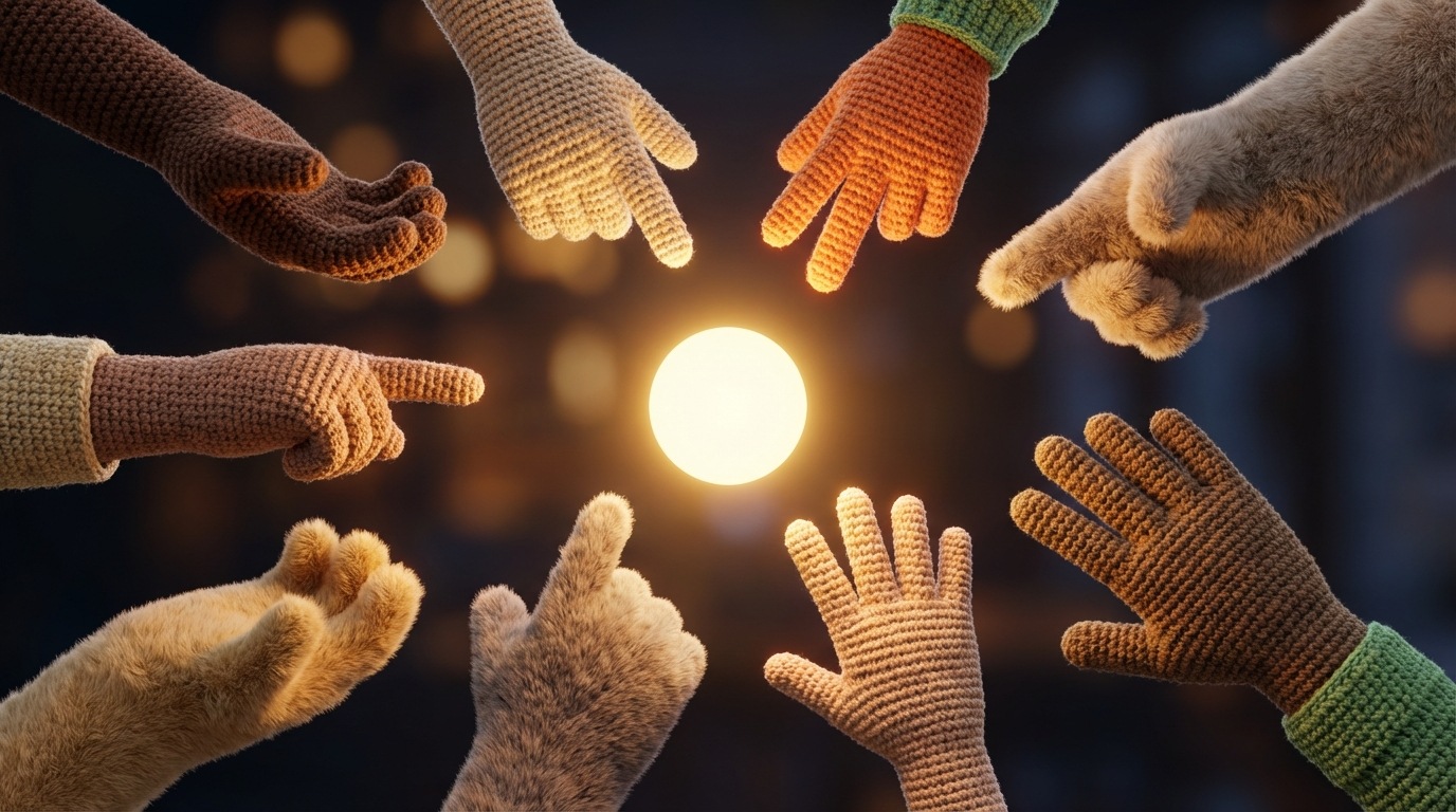 A group of diverse hands reaching towards a central, glowing point of light. The hands are in various positions, some pointing, some cupped, suggesting different roles and contributions. The central light symbolizes the shared goal or purpose. The background is dark and slightly blurred, emphasizing the illuminated hands and the central focus. The mood is collaborative and forward-looking.