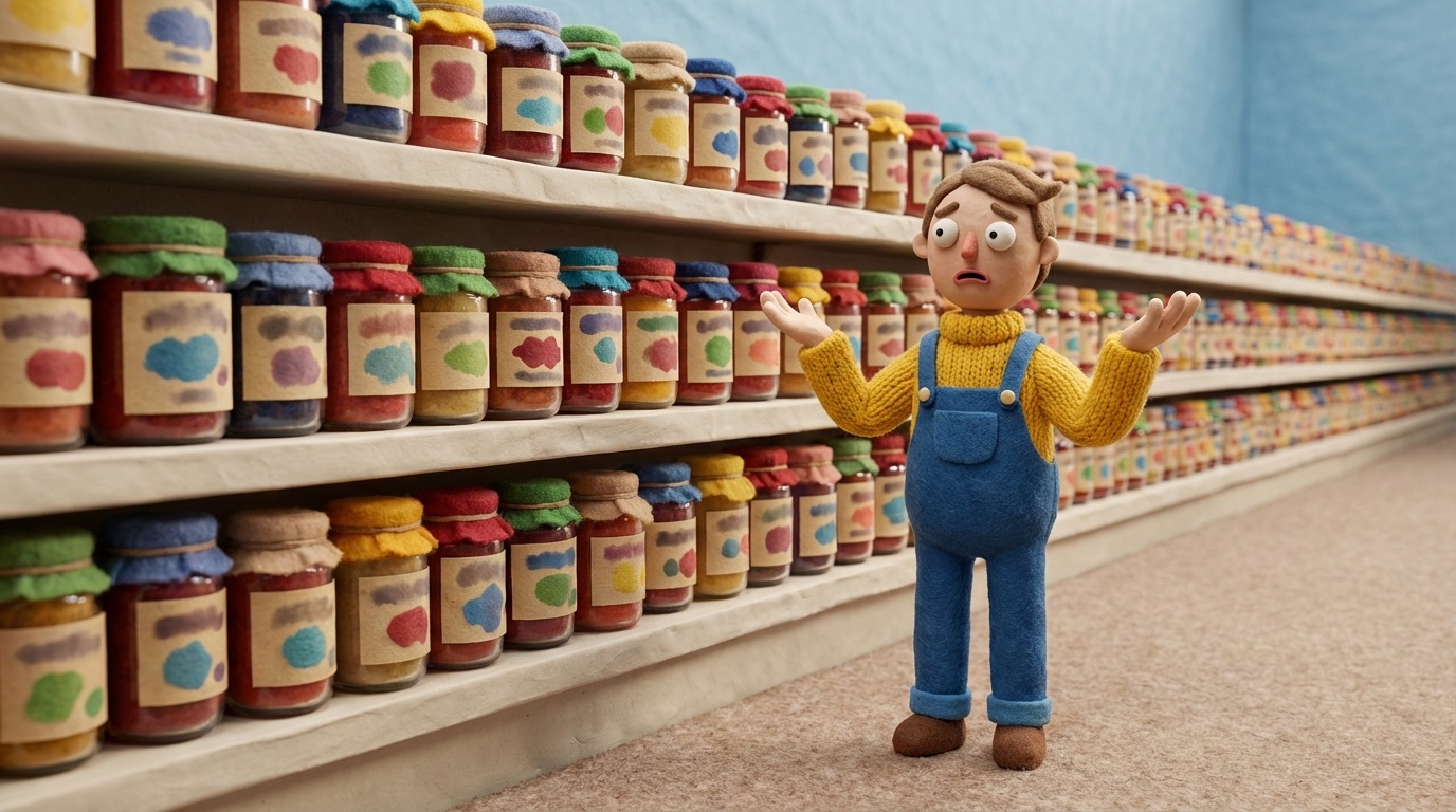 A wide, long supermarket aisle shelf overflowing with dozens of identical-looking jars, each with a slightly different, ambiguous label, stretching into the distance. In the foreground, a stylized shopper character stands with an expression of overwhelmed confusion, hands slightly raised in defeat. The sheer volume of choices creates a sense of visual clutter and paralysis. The color palette is varied but indistinct, adding to the feeling of overwhelming sameness. The perspective is from the shopper's eye level, emphasizing the daunting task of choosing.