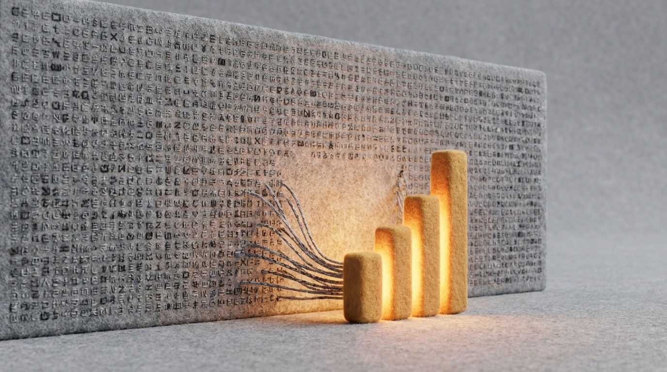 A large, imposing wall covered entirely with tiny, intricate, unreadable symbols, resembling complex data. In front of the wall, a single, glowing, simplified icon of a bar chart emerges, pulling a few of the symbols into a clear, understandable visual. The overall composition shows a transformation from overwhelming complexity to elegant simplicity. A soft, warm light emanates from the chart, contrasting with the dull, gray wall.