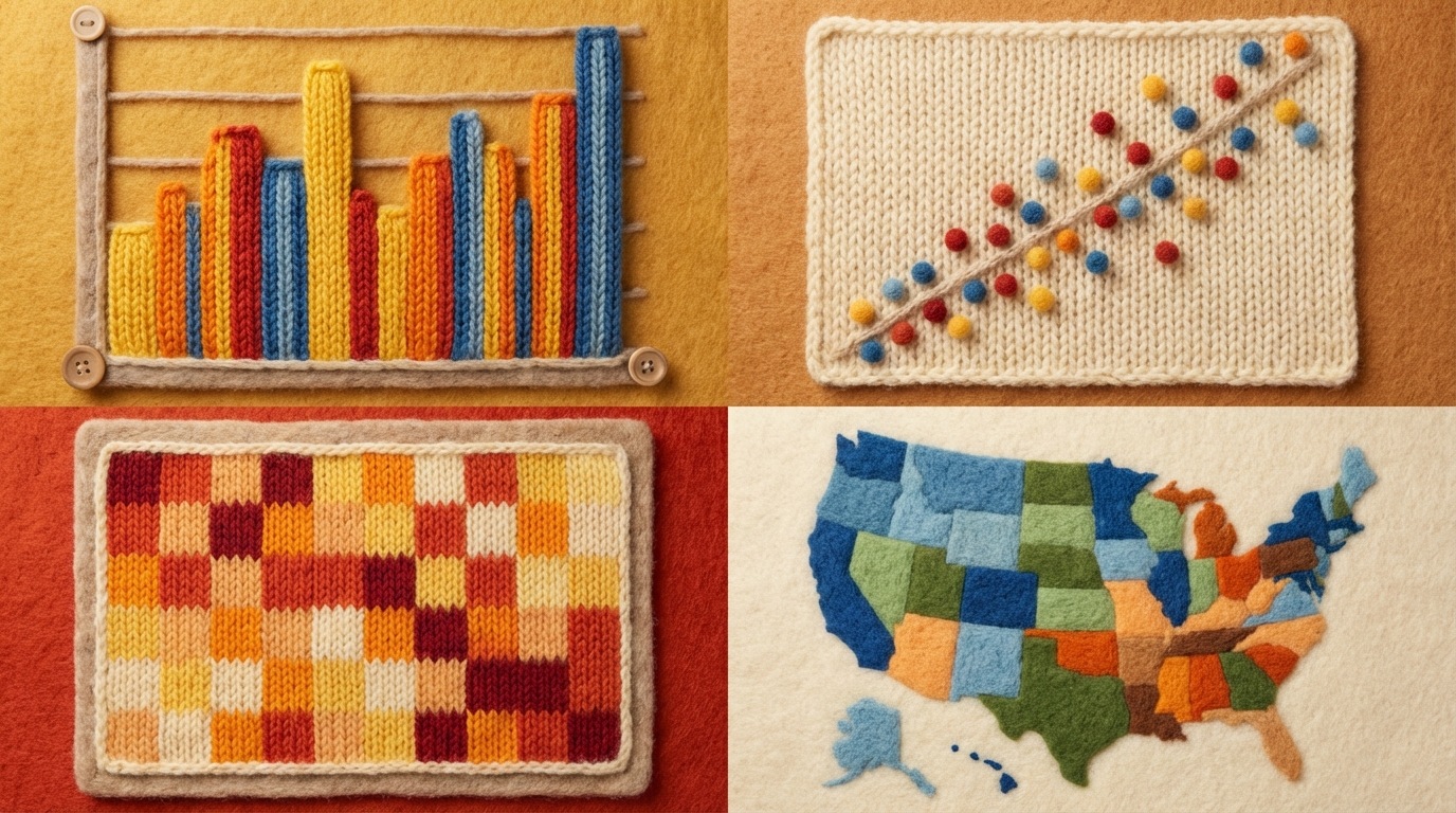 A grid of four distinct, simplified data visualizations, each representing a different type. Top left: a vertical bar chart comparing several categories. Top right: a scatter plot with points showing a clear positive correlation. Bottom left: a heatmap with varying shades of color on a grid, indicating intensity. Bottom right: a geographical map with shaded regions, showing data distribution across areas. Each visualization uses a distinct, clear color palette.