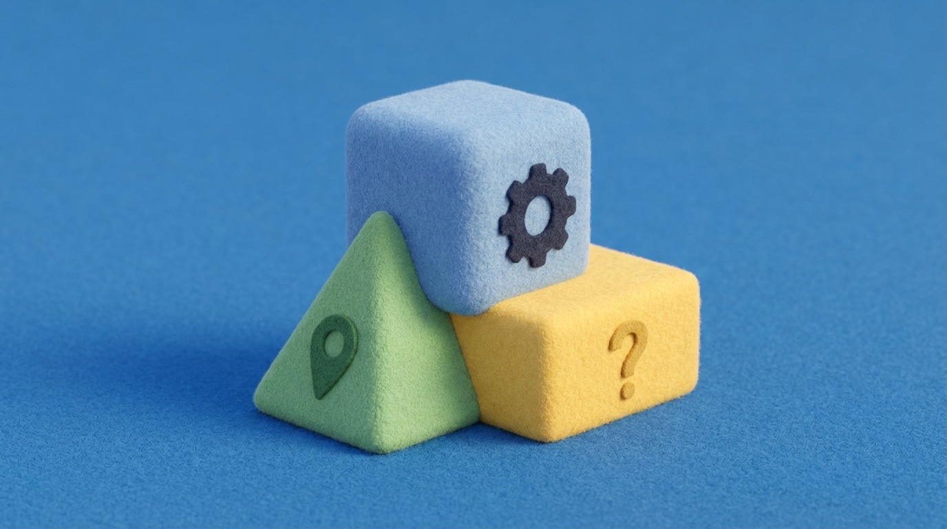 Three distinct, geometrically shaped blocks are perfectly interlocked, forming a cohesive unit. Each block is labeled with a simple, abstract icon: one with a service icon, one with a map pin, and one with a question mark. The blocks are colored in a harmonious palette of soft blues, greens, and yellows, suggesting a well-structured and logical framework. The composition is clean and balanced, emphasizing the synergy of the combined elements.
