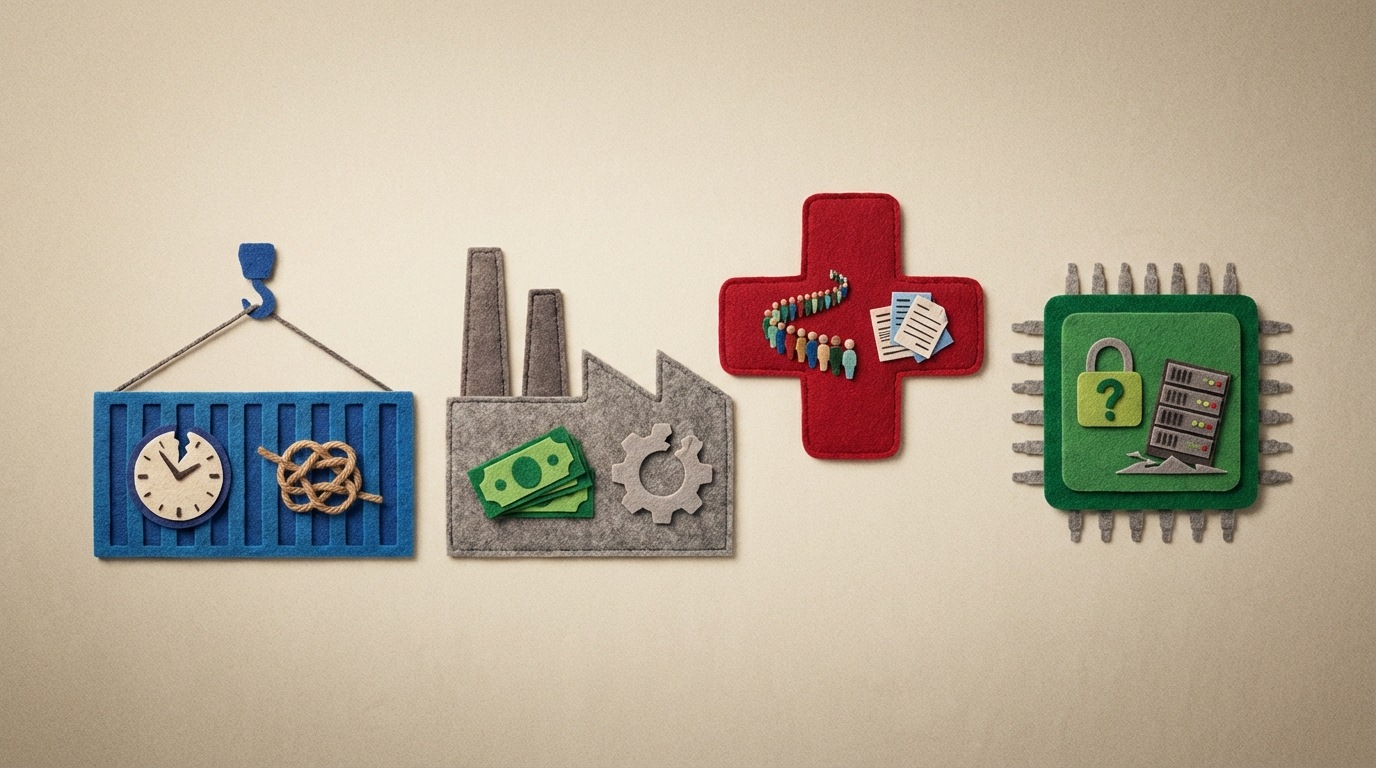 A collection of distinct, abstract shapes, each representing a different industry or business type (e.g., a shipping container for logistics, a factory building for manufacturing, a medical cross for healthcare). Within each shape, smaller, stylized icons depict specific, unique pain points relevant to that industry (e.g., a broken clock for delays, a stack of bills for high costs, a tangled web for complexity). The overall composition emphasizes the diversity of business challenges and the need for tailored solutions. Each industry shape has its own dominant color, creating a vibrant but organized visual.