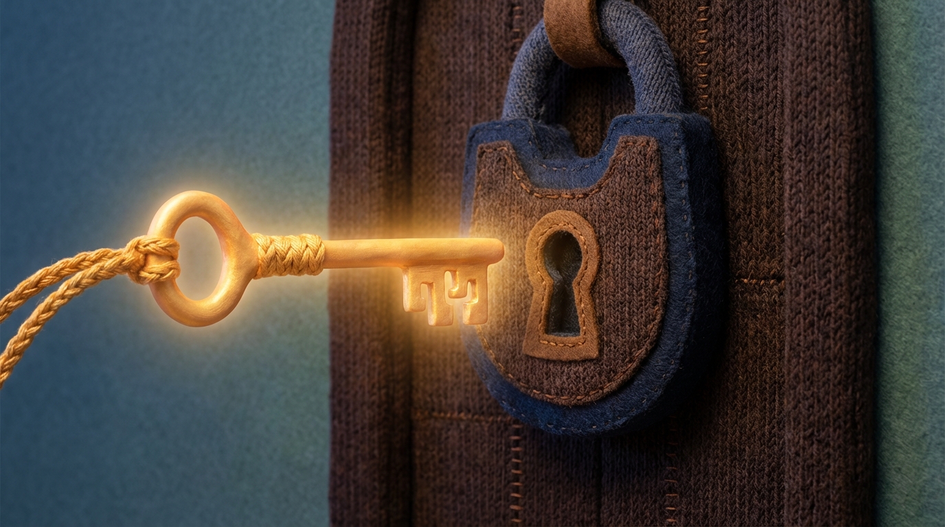 A solitary, intricately designed, and softly glowing key, positioned to fit perfectly into a uniquely shaped, stylized lock on a heavy, robust door. The key has distinct, specialized teeth and a gentle aura, clearly not a generic one. The door, made of a dark, strong material, represents the customer's problem or barrier, and the key symbolizes the unique, precise solution. The background is simple and uncluttered, emphasizing the interaction between the key and the lock. Deep, rich colors for the door, with a bright, ethereal glow emanating from the key.