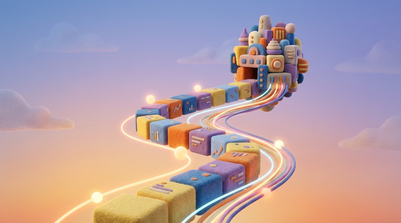 A winding, upward-sloping path made of interconnected blocks, each block representing a successful small optimization or insight. At the end of the path, a larger, more complex block is visible, symbolizing the next big challenge or radical experiment. The path is illuminated by gentle, guiding lights, and abstract data streams flow alongside it, feeding into new ideas. The background is a soft, inspiring sky with gradient colors, conveying continuous progress and forward momentum.