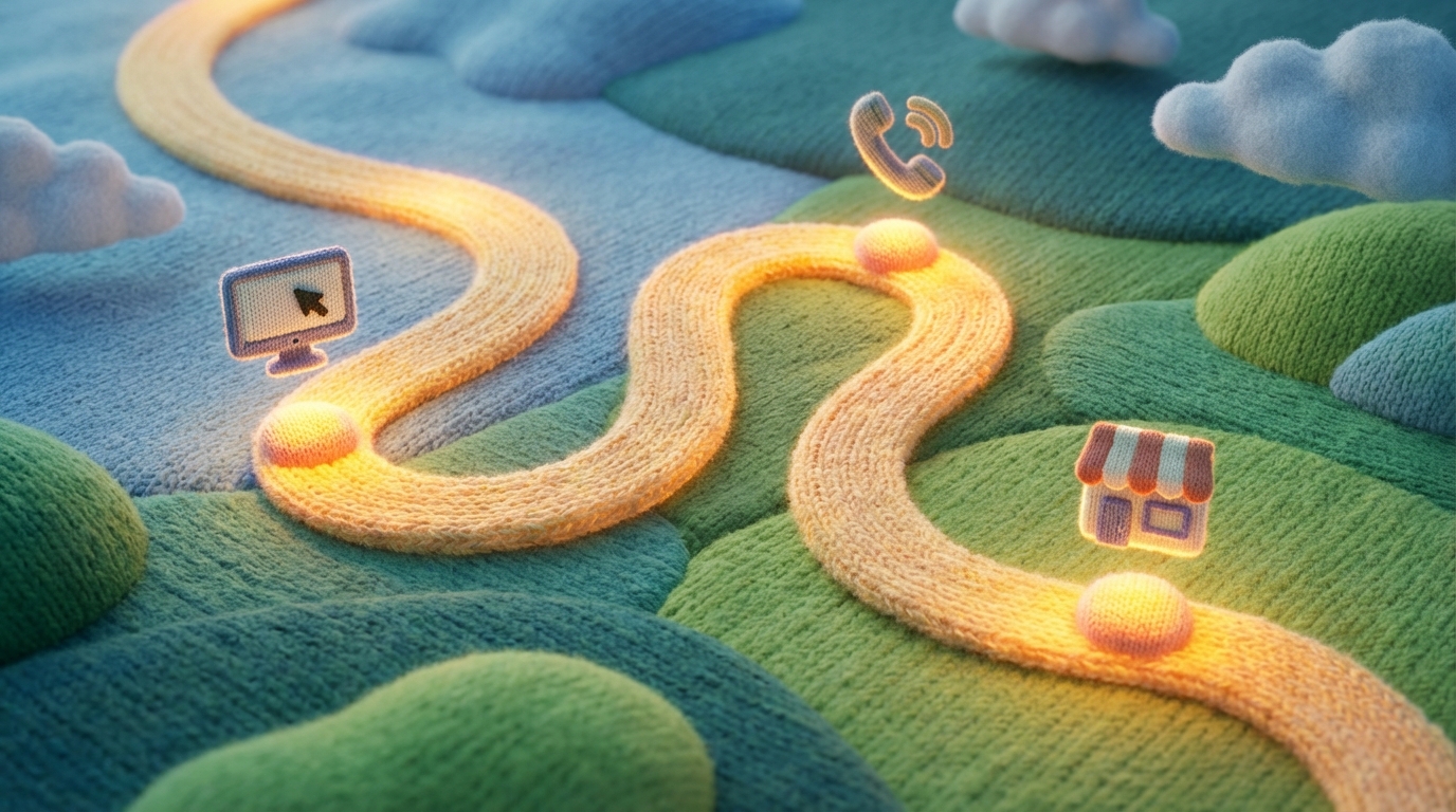 A winding, meandering path depicted from an aerial view, stretching across a stylized landscape. Along the path, several distinct, glowing points are highlighted, each representing a 