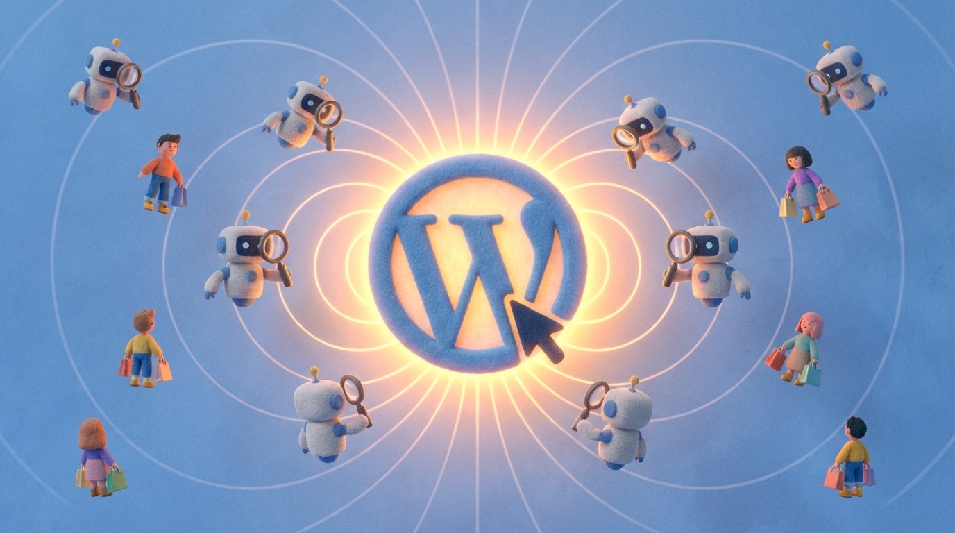 A central, stylized website icon emits a strong, pulsating glow, acting as a magnet. Surrounding it, numerous small, abstract search engine robot figures and customer icons are being gently pulled inward towards the website. The background is a soft, digital blue, with subtle lines indicating magnetic fields, creating a sense of attraction and efficiency. The overall mood is active and engaging.