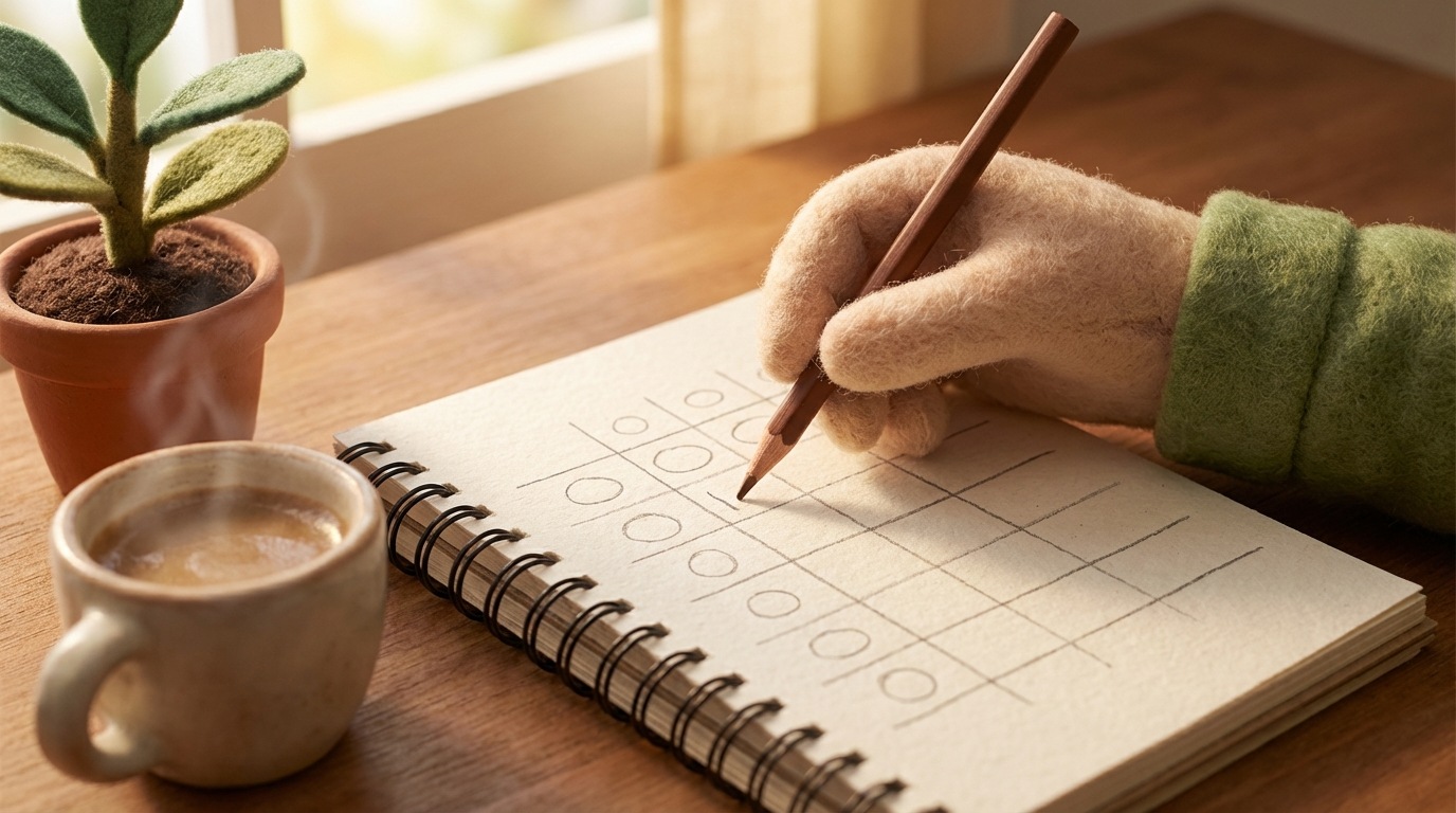 A hand drawing simple lines and numbers into an open, spiral-bound notebook with a pencil. The page shows basic columns and rows, neatly organized but clearly hand-drawn, representing a budget or sales tracker. A cup of coffee and a small, potted plant are nearby. The scene is modest and grounded, emphasizing the accessibility of basic tools. Soft, natural lighting and warm tones.