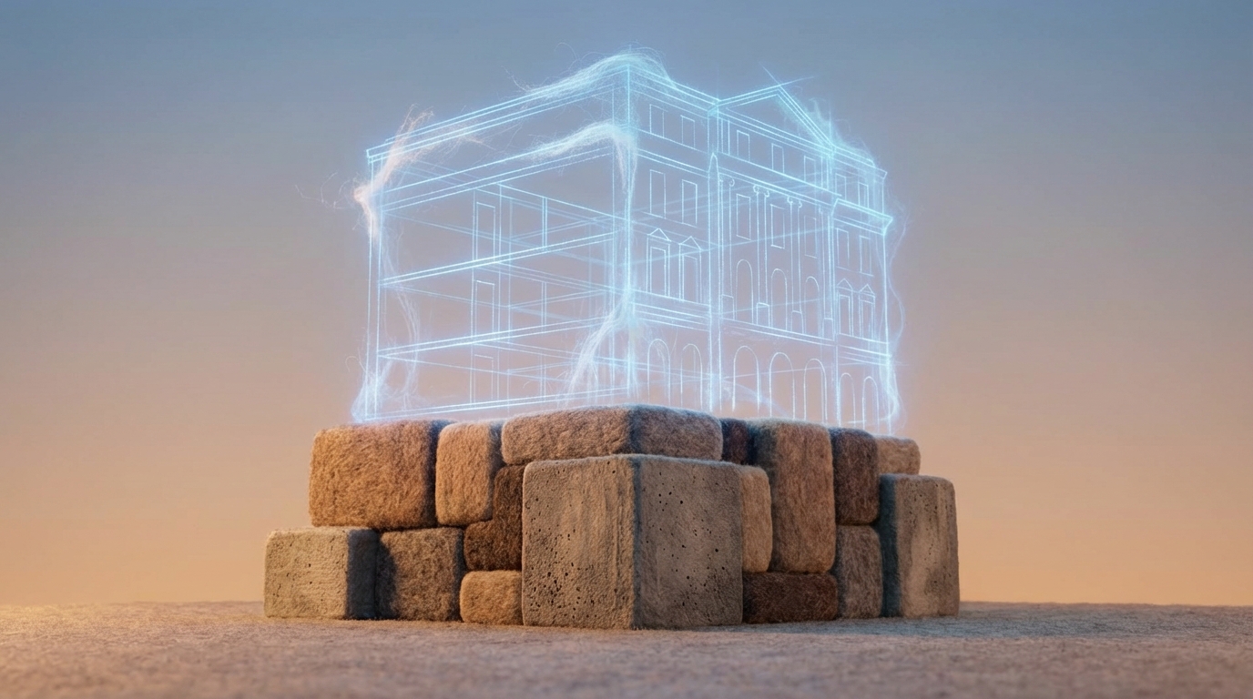 A sturdy, well-laid foundation of a building, with clear, strong lines. On top of the foundation, a transparent, glowing blueprint of a magnificent, multi-story structure is projected upwards, indicating the future vision built upon a solid base. The background is simple and clean, emphasizing the structure. Earthy tones for the foundation, ethereal blue for the blueprint.