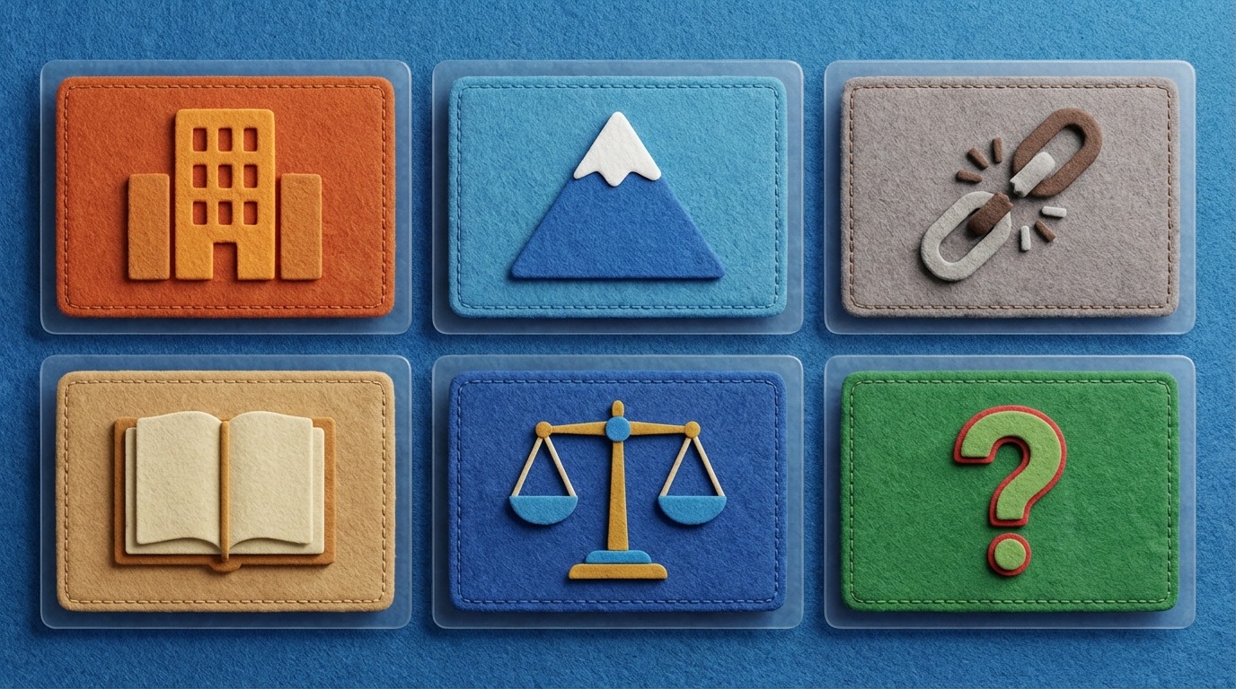 A series of distinct, outlined profile cards are arranged in a neat grid. Each card features different abstract symbols or simple icons representing specific attributes: a small corporate building for "Demographics," a mountain peak for "Goals," a broken chain for "Pain Points," an open book for "Info Sources," a balanced scale for "Decision Criteria," and a question mark for "Objections." The cards are precisely aligned, suggesting a structured and methodical approach to understanding various buyer personas. The overall aesthetic is a professional, organized color palette with clear divisions between each card.