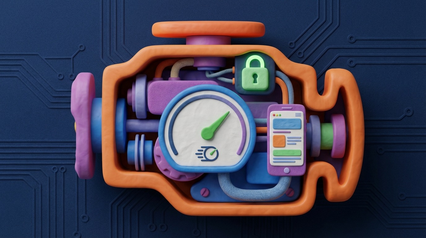 A cutaway illustration of a stylized car engine, revealing its inner workings. Instead of traditional mechanical parts, digital elements are integrated: a speedometer dial indicating "fast loading", a small mobile phone screen showing a responsive website, and a padlock icon glowing green, representing security. The engine is clean and efficient, suggesting smooth operation. The background is dark and technical, with subtle circuit board patterns.