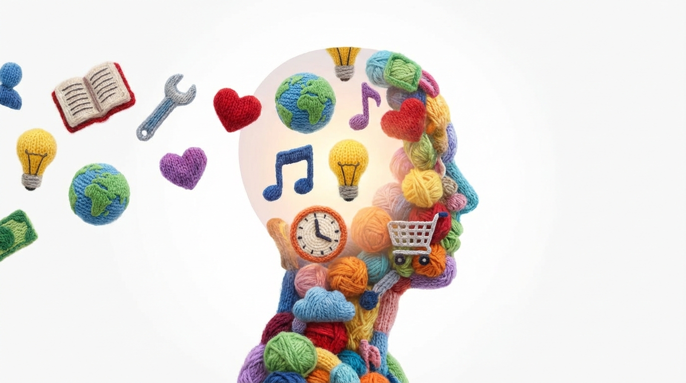 A translucent, generic human silhouette in profile, centrally placed, with various small, colorful icons and symbols floating into it and settling, gradually filling its form with distinct characteristics. These icons represent interests, demographics, problems, and desires. A soft glow emanates from within the silhouette as it gains detail. The background is a simple, clean white, making the silhouette and its accumulating details stand out. The colors are bright and varied, symbolizing the richness of customer data and tailored understanding.