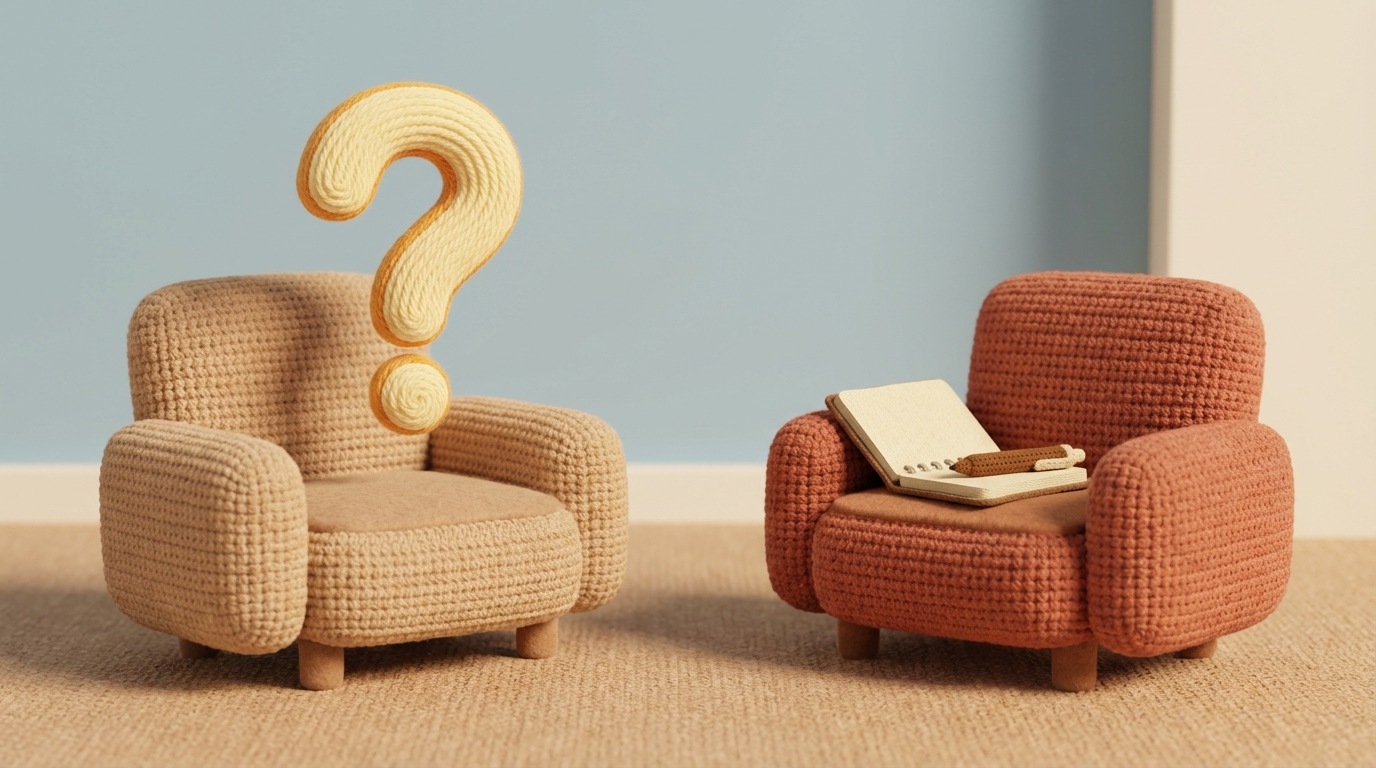 A simple, calm setting with two comfortable, minimalist chairs facing each other, suggesting a conversation. Above one chair, a large, stylized question mark hovers, indicating the act of asking. On the seat of the other chair, an open notebook and a pen are neatly placed, symbolizing the collection of insights and careful listening. The color palette is soft and warm, creating an inviting and thoughtful atmosphere.