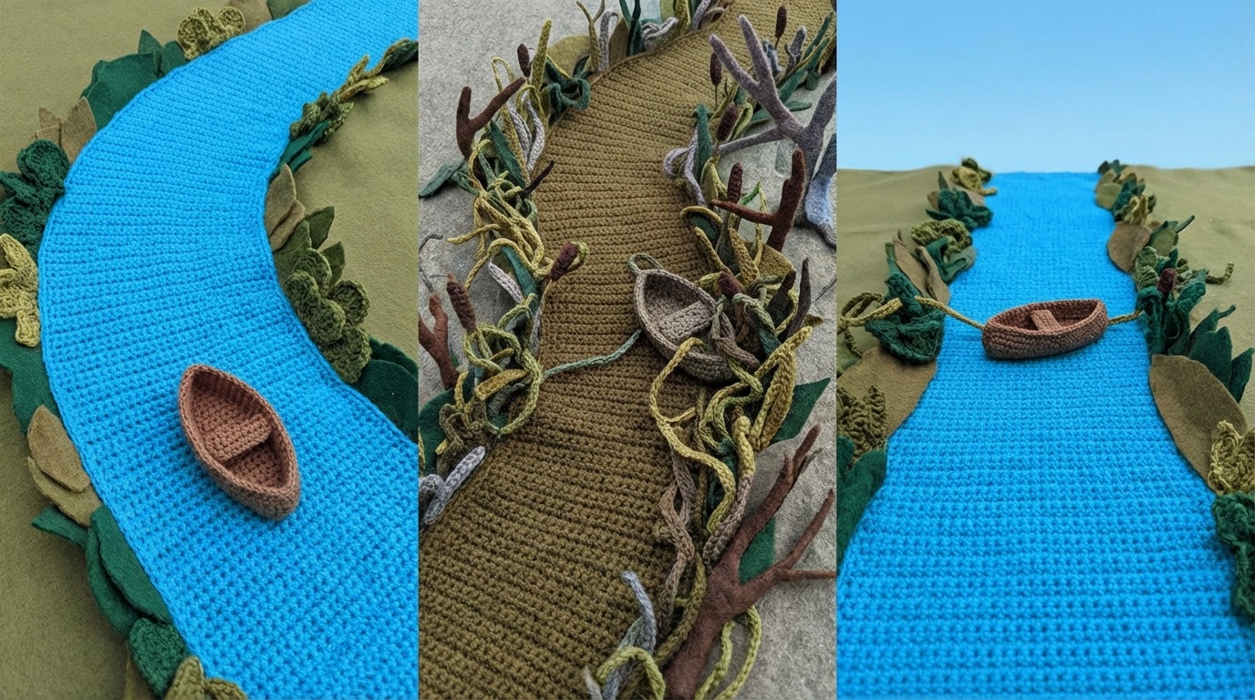 A long, winding river with a small boat floating in the middle. The river starts wide and clear, but in the mid-section, it becomes murky, and the boat appears stuck among dense, overgrown reeds and tangled branches. The distant end of the river is bright and clear, but the boat is struggling to move forward, symbolizing lost momentum and diminishing interest. Muted, slightly melancholic color palette in the middle section.