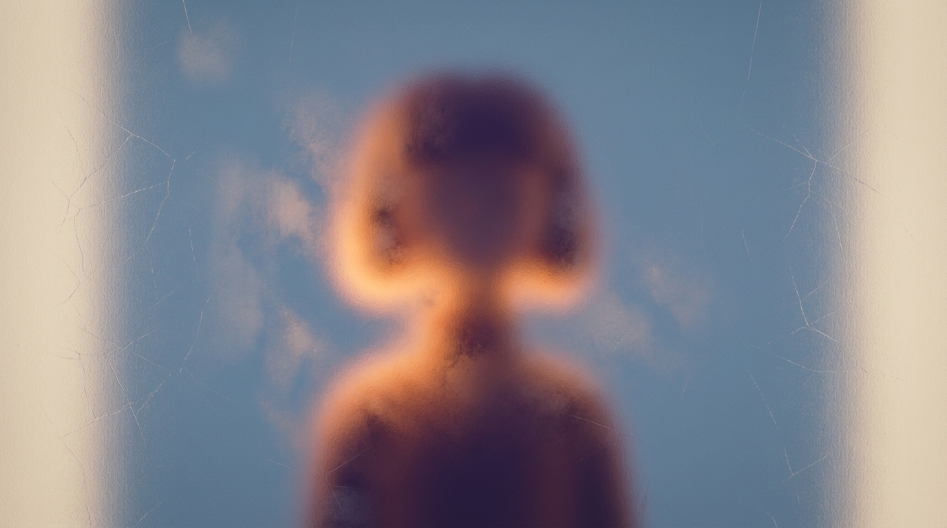 A person's silhouette viewed through a frosted glass pane. The outline is indistinct, with subtle, almost imperceptible cracks or smudges appearing on the glass around the figure, suggesting hidden distress that is hard to discern clearly. The lighting is soft and diffused, creating a mysterious, slightly unsettling atmosphere, hinting at a problem that is present but not yet fully revealed.